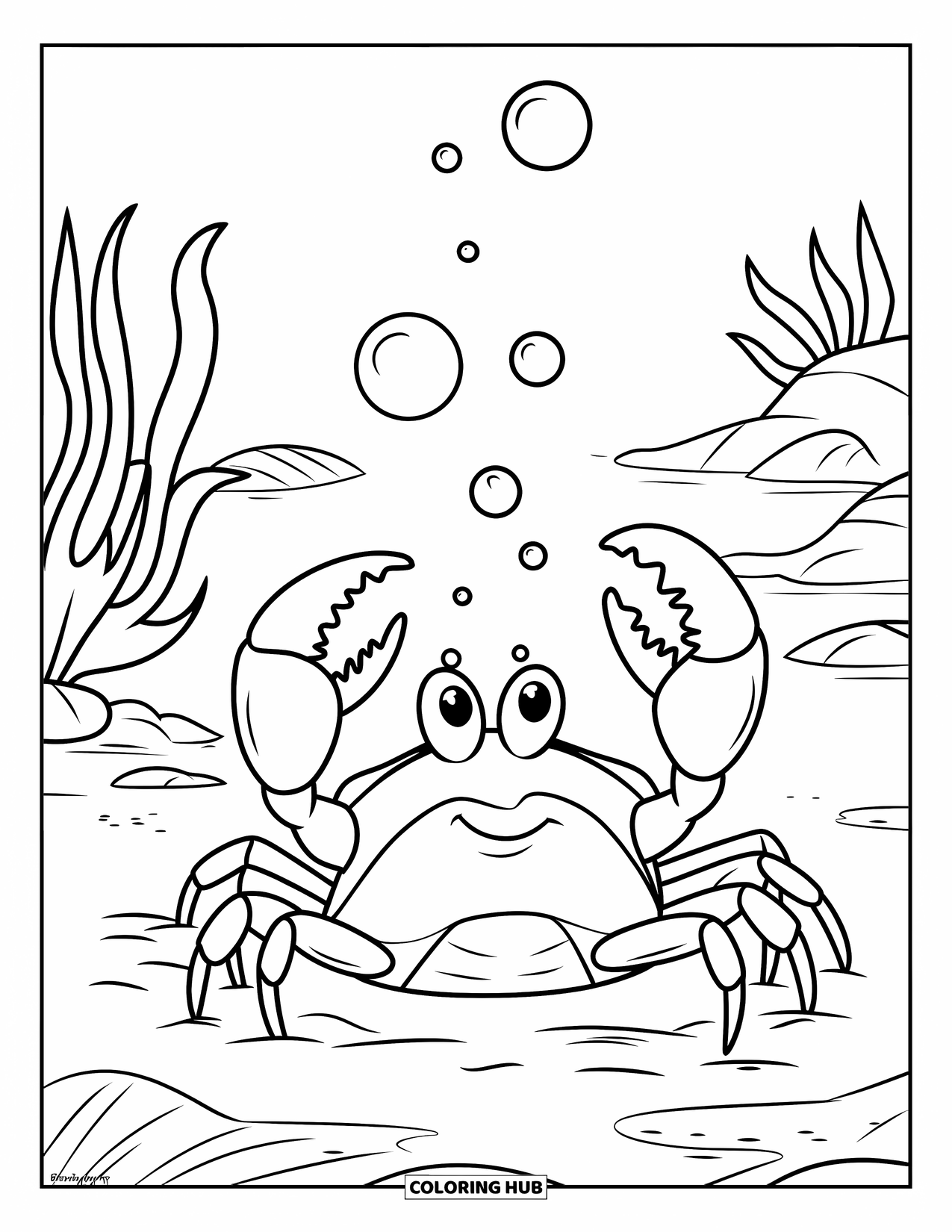 Krabben Ausmalbild für Kinder: Eine lächelnde Krabbe schickt Blasen ins Meer über wiegenden Algen