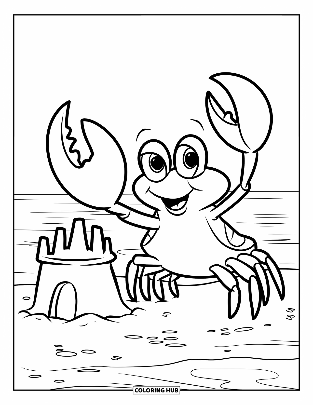 Krabben Ausmalbild für Kinder: Eine lächelnde Krabbe steht neben einer Sandburg an einem friedlichen Strand