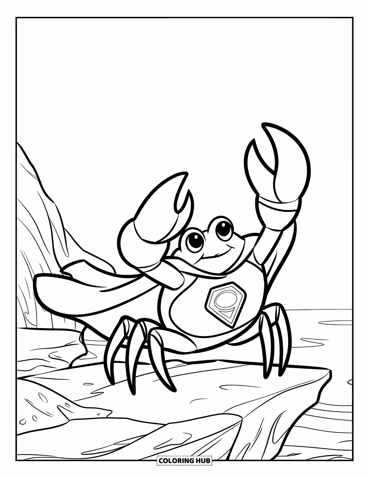 Krabben Ausmalbild für Kinder: Eine Superhelden-Krabbe posiert stolz mit ihrem Muschelemblem in der Nähe des Meeres