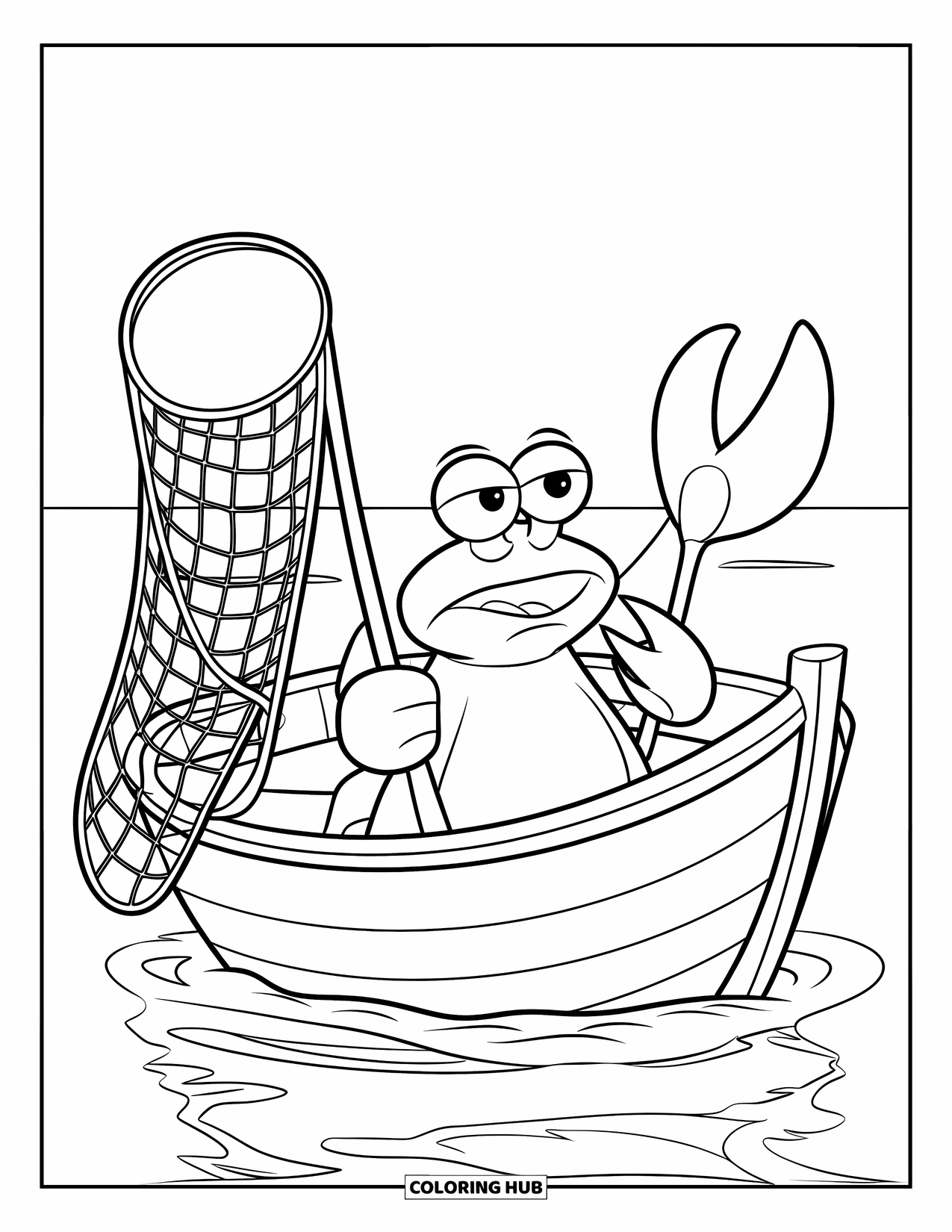 Krabben Ausmalbild für Kinder: Eine überraschte Krabbe mit einem Netz schwimmt in einem Holzboot auf See