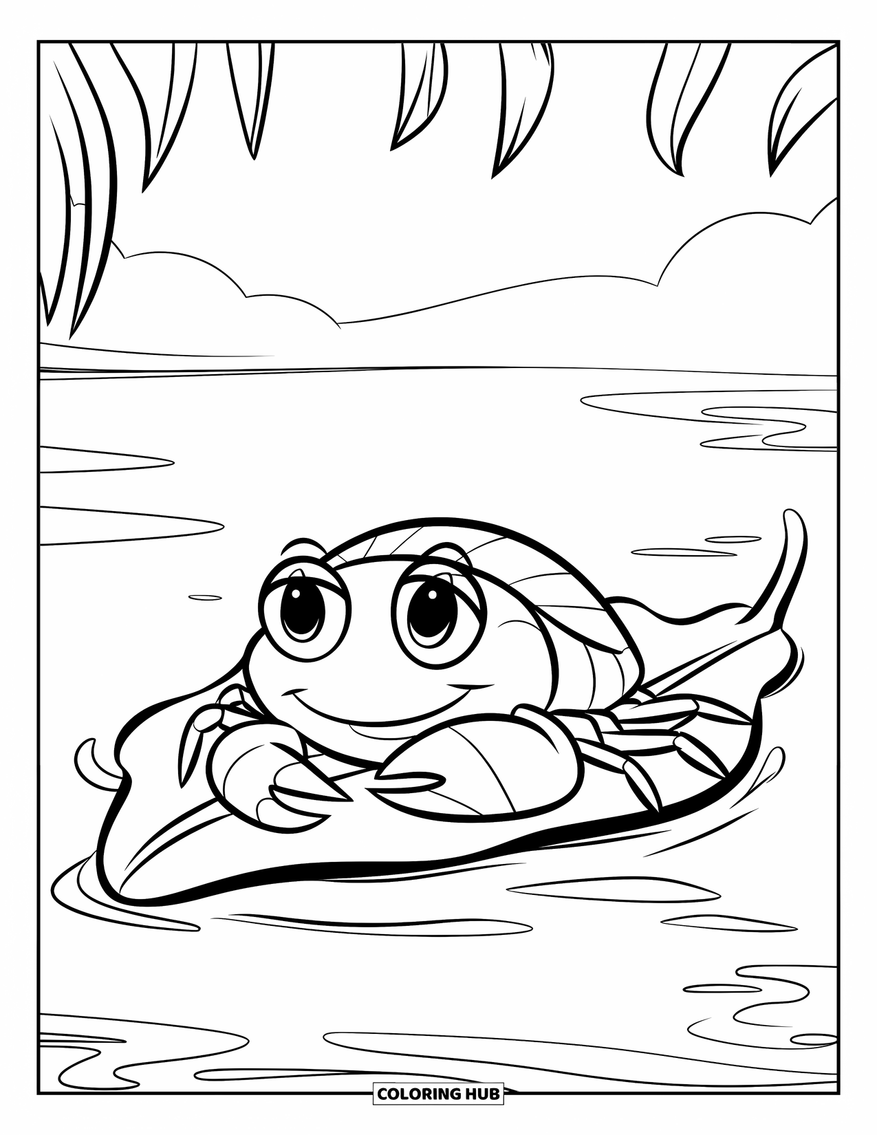 Krabben Ausmalbild für Kinder: Eine Krabbe mit großen Augen reitet auf einem treibenden Blatt über sanfte Gewässer