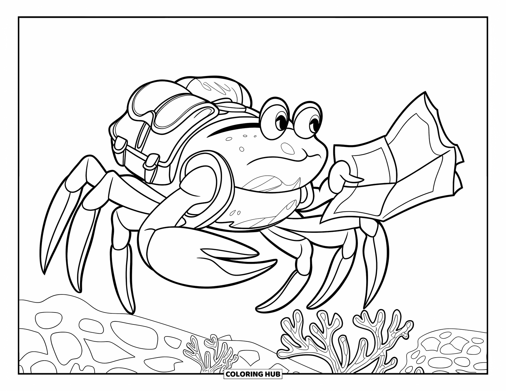 Krabben Ausmalbild für Kinder: Eine Entdecker-Krabbe mit Karte und Rucksack reist durch ein Korallenriff