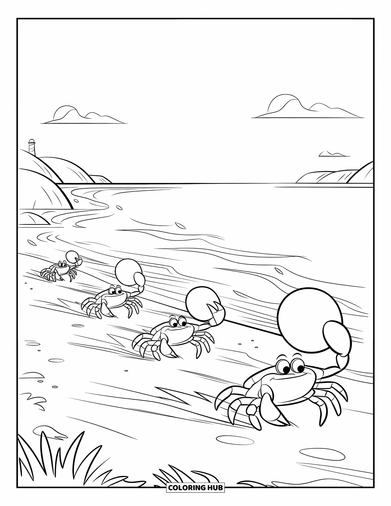 Krabben Ausmalbild für Kinder: Krabben rasen mit Bojen in den Klauen an einem Strand mit Leuchtturmblick entlang