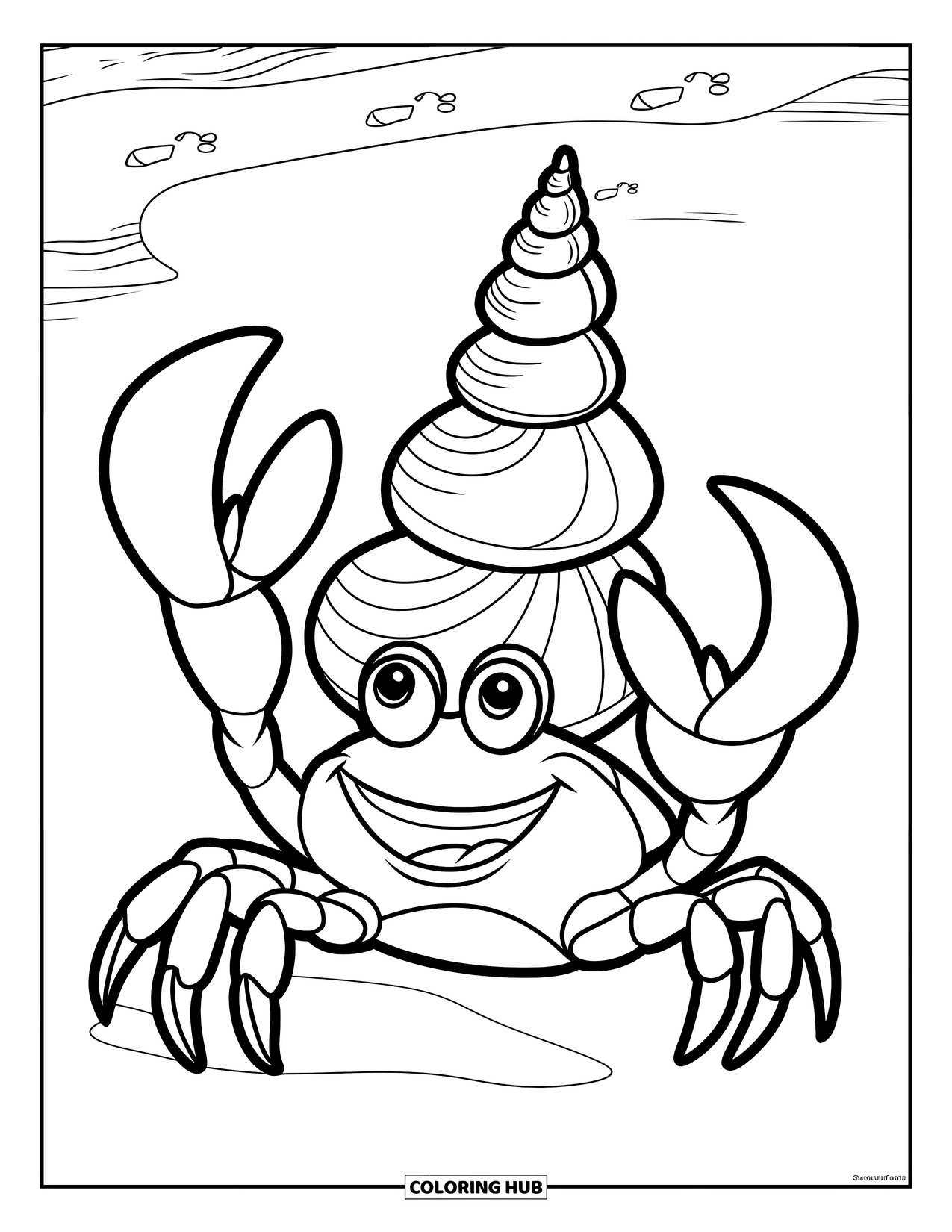 Krabben Ausmalbild für Kinder: Lächelnde Krabbe trägt eine Pyramide aus Muscheln über einen Sandstrand