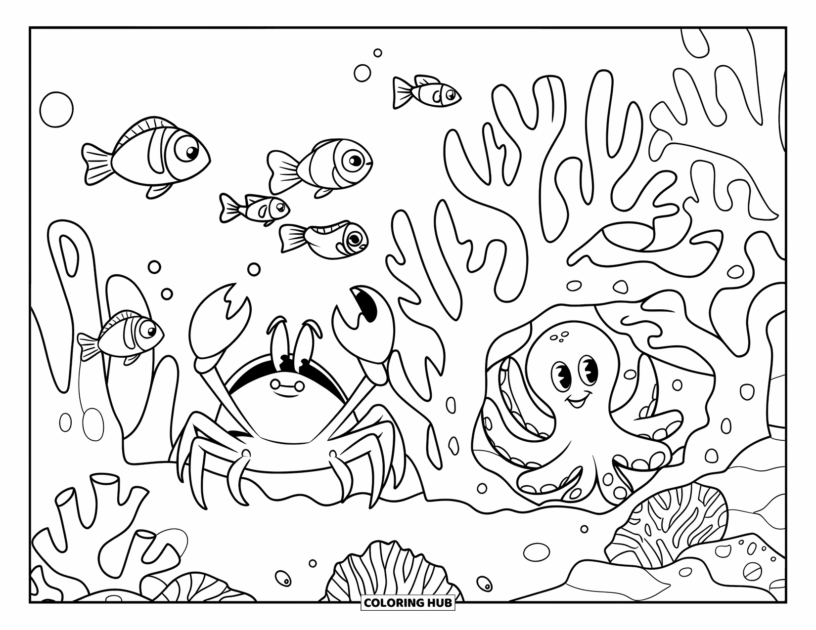 Krabben Ausmalbild für Kinder: Die Krabbe versteckt sich, während Fische in einem verspielten Riff-Versteckspiel vorbeischwimmen