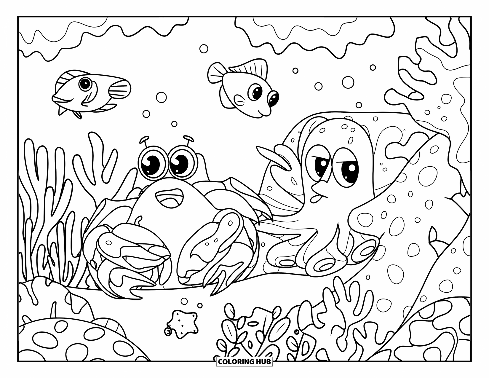 Krabben Ausmalbild für Kinder: Die Krabbe versteckt sich hinter Korallen, während der Oktopus von einem Felsen in einem Riff späht