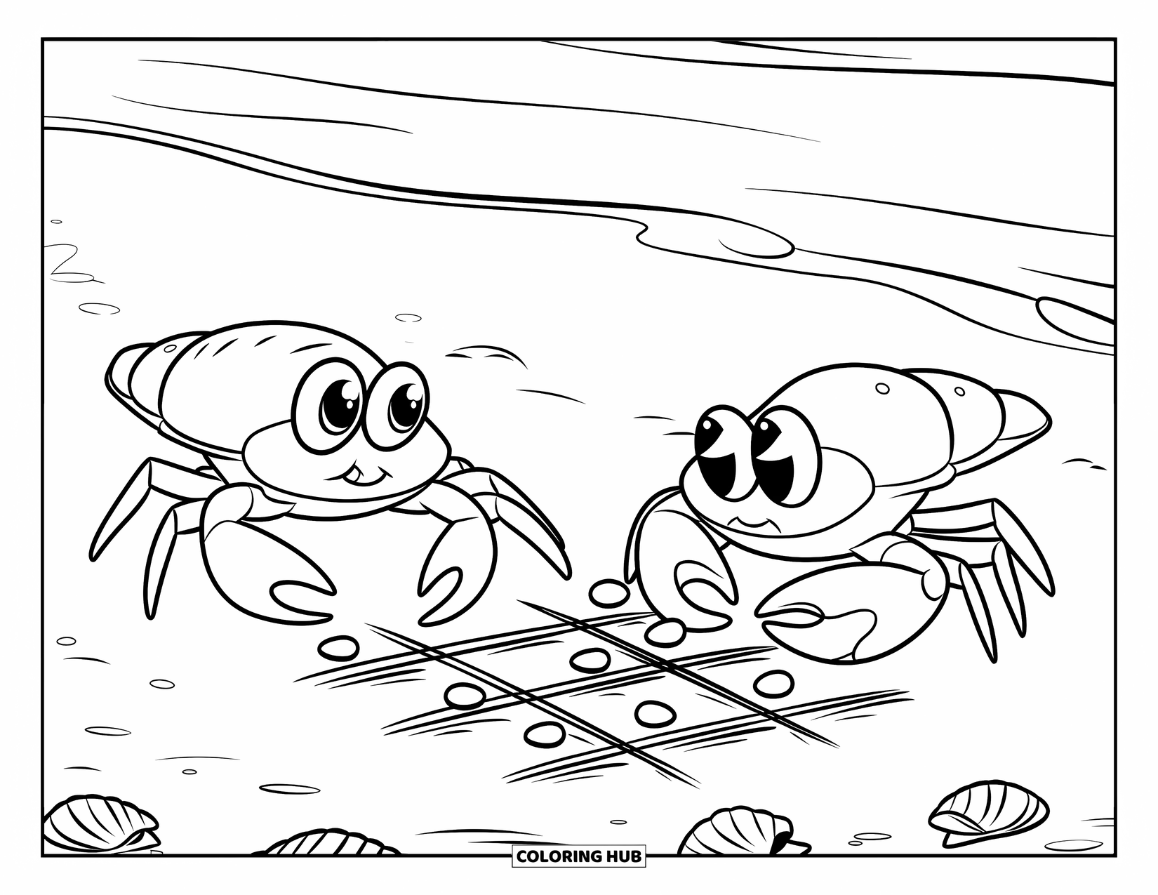 Krabben Ausmalbild für Kinder: Zwei Krabben spielen Tic-Tac-Toe im Sand mit winzigen Kieselsteinen