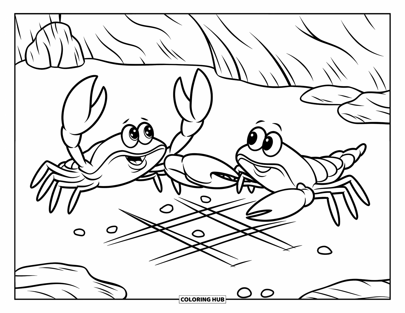 Krabben Ausmalbild für Kinder: Zwei verspielte Krabben spielen Tic-Tac-Toe im Sand in der Nähe einer felsigen Höhle