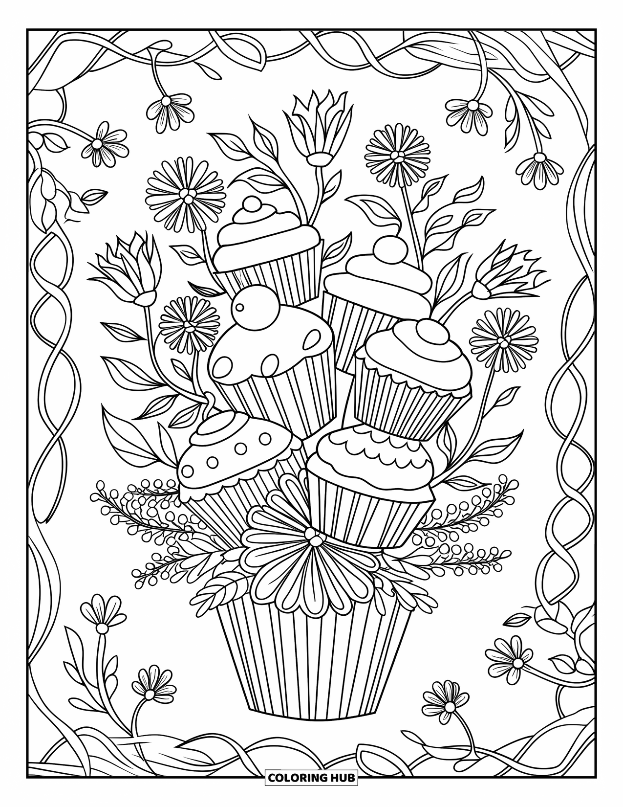 Cupcake Ausmalbild für Erwachsene: Ein Bouquet von Cupcakes mit Blumen und Ranken sitzt auf einem weißen Hintergrund