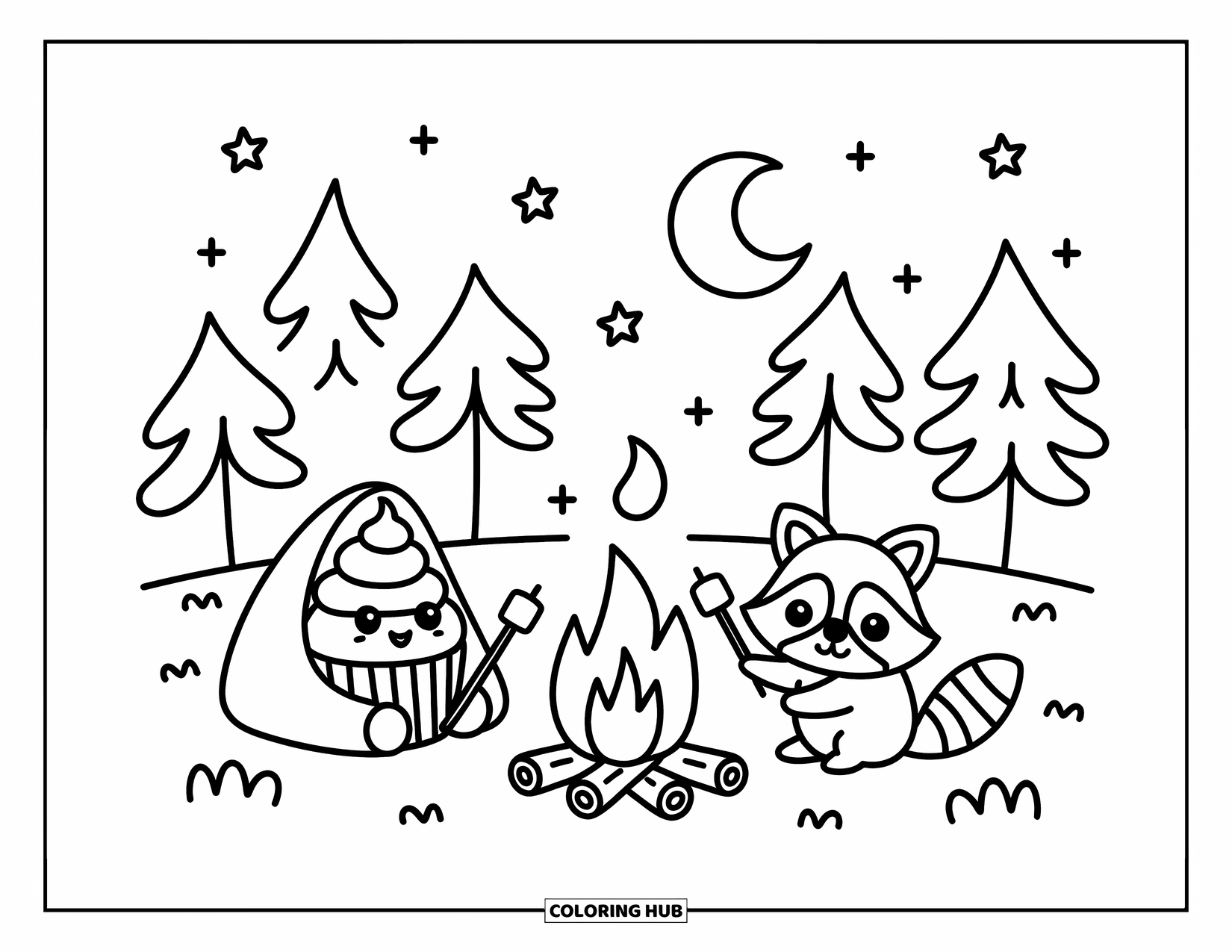 Cupcake Ausmalbild für Erwachsene: Ein Lagerfeuer-Cupcake röstet Marshmallows mit einem Waschbären unter Sternen und einem sanften Mond