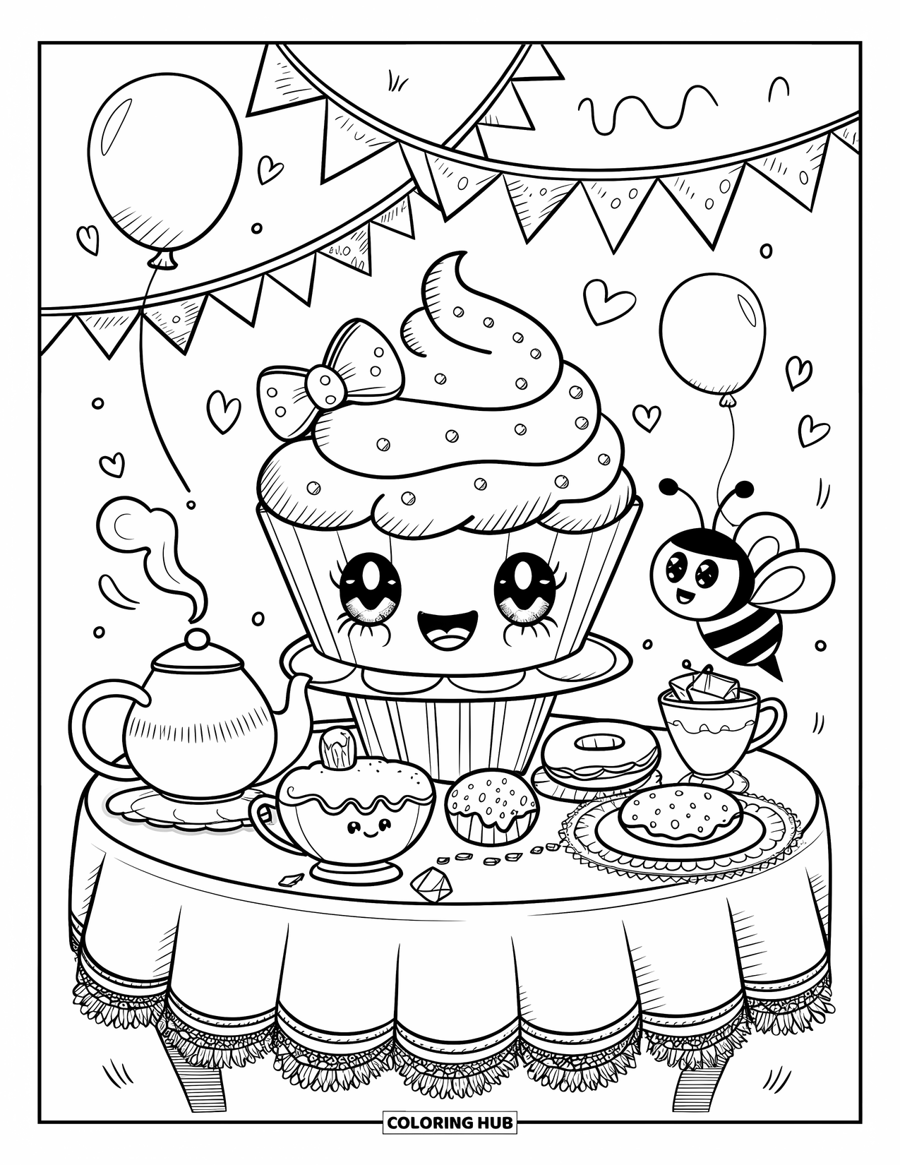 Cupcake Ausmalbild für Erwachsene: Ein fröhlicher Cupcake auf einer Teeparty mit Desserts, einer Teekanne und einer freundlichen Biene