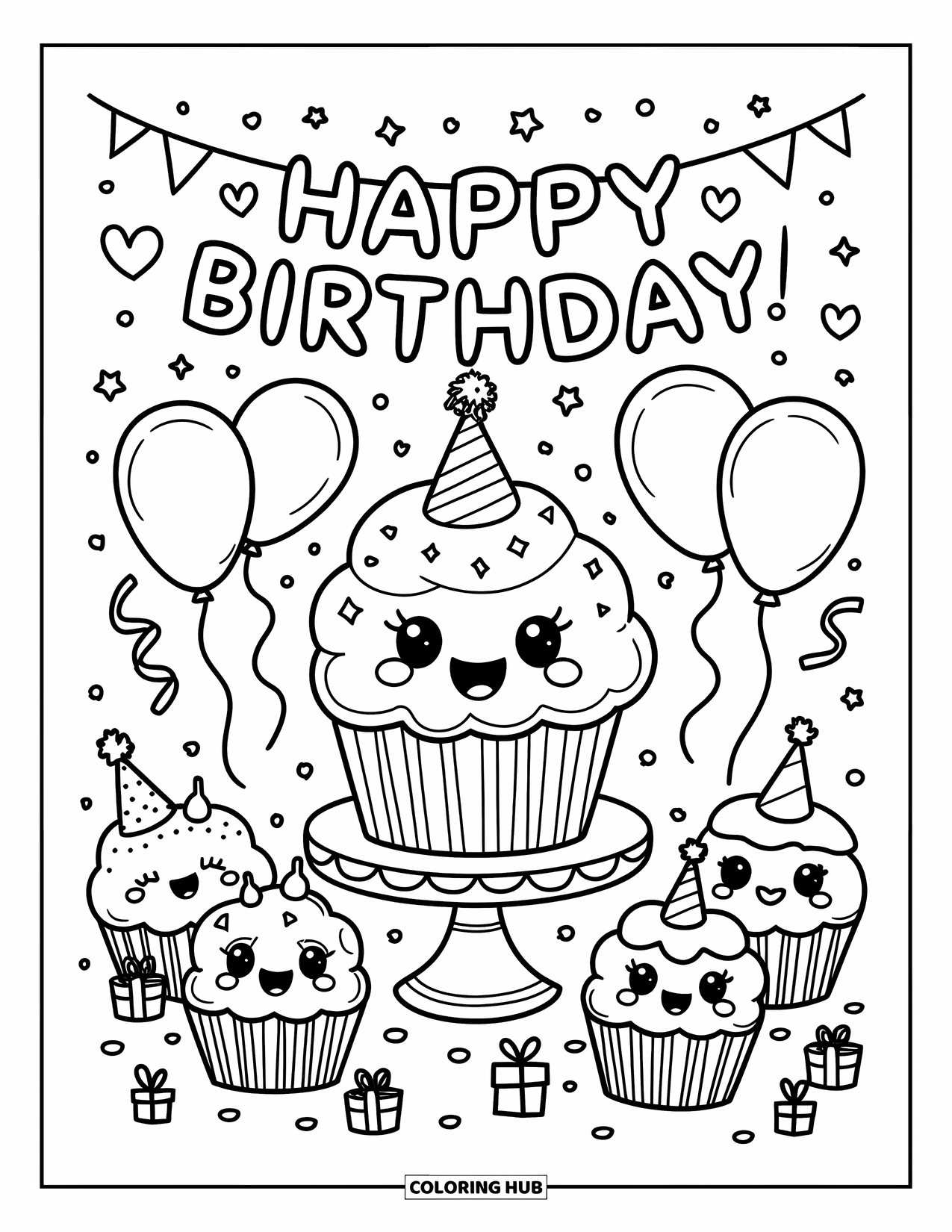 Cupcake Ausmalbild für Erwachsene: Ein fröhlicher Cupcake mit Partyhut feiert mit Luftballons, Geschenken und einem "Happy Birthday"-Banner