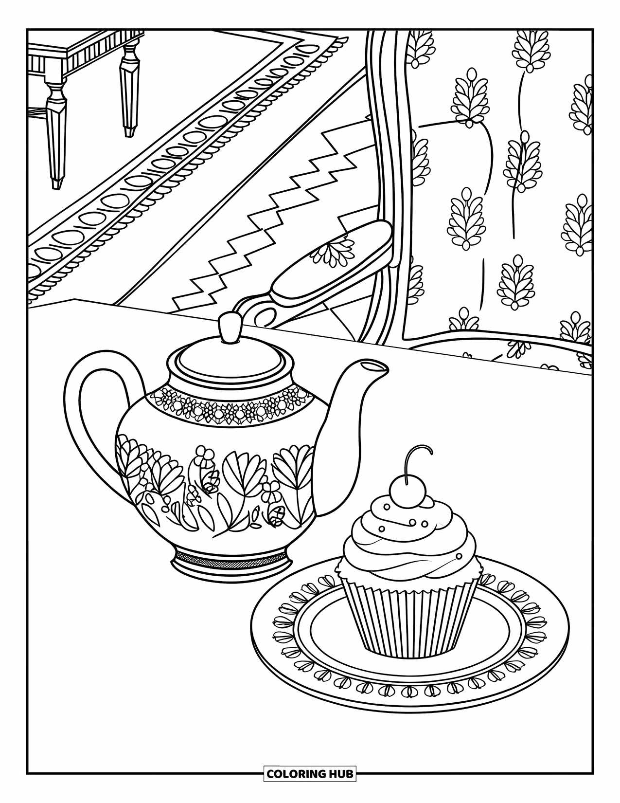 Cupcake Ausmalbild für Erwachsene: Ein Cupcake und eine florale Teekanne stehen auf einem Tisch in einem viktorianischen Zimmer