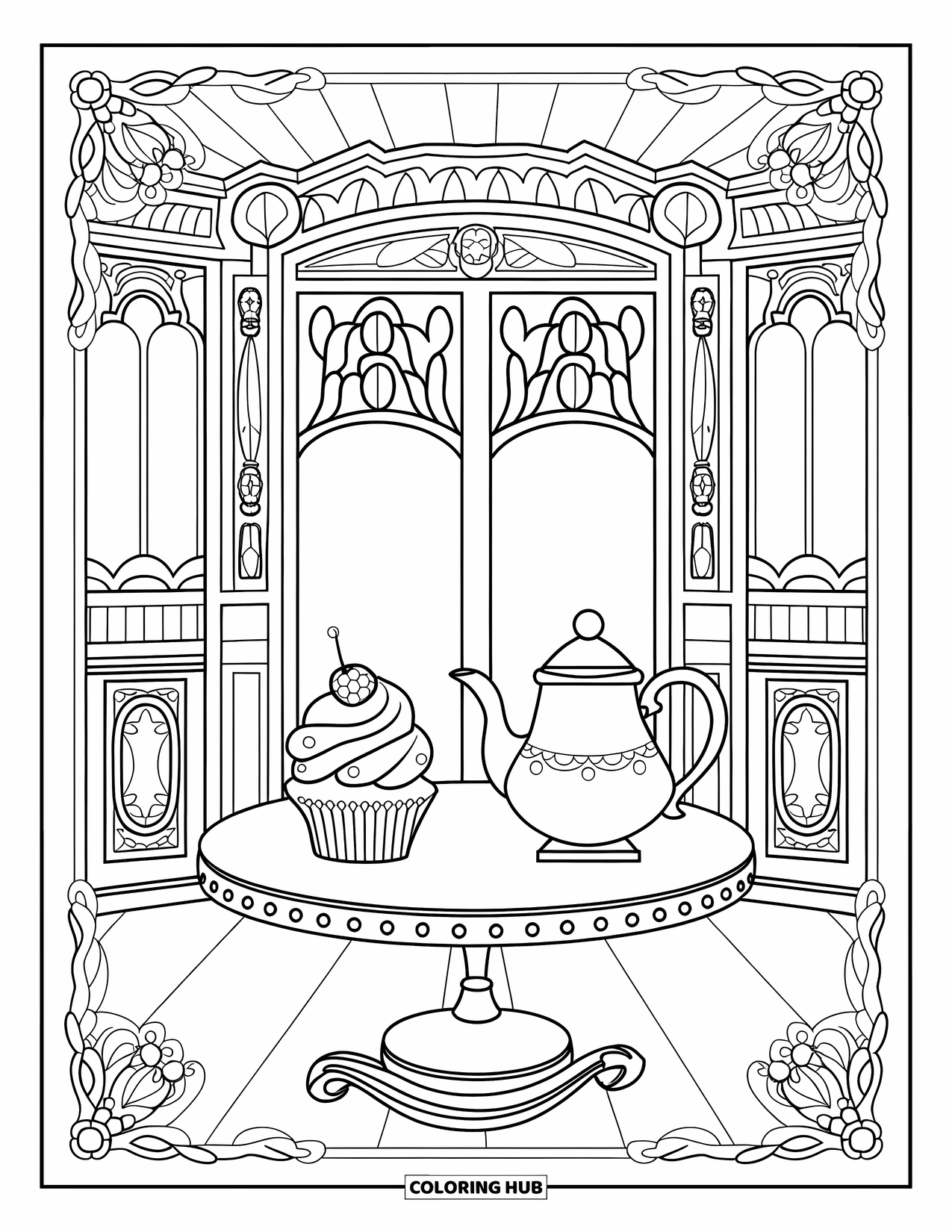 Cupcake Ausmalbild für Erwachsene: Ein Cupcake und eine Teekanne stehen auf einem Tisch in einem viktorianischen Salon