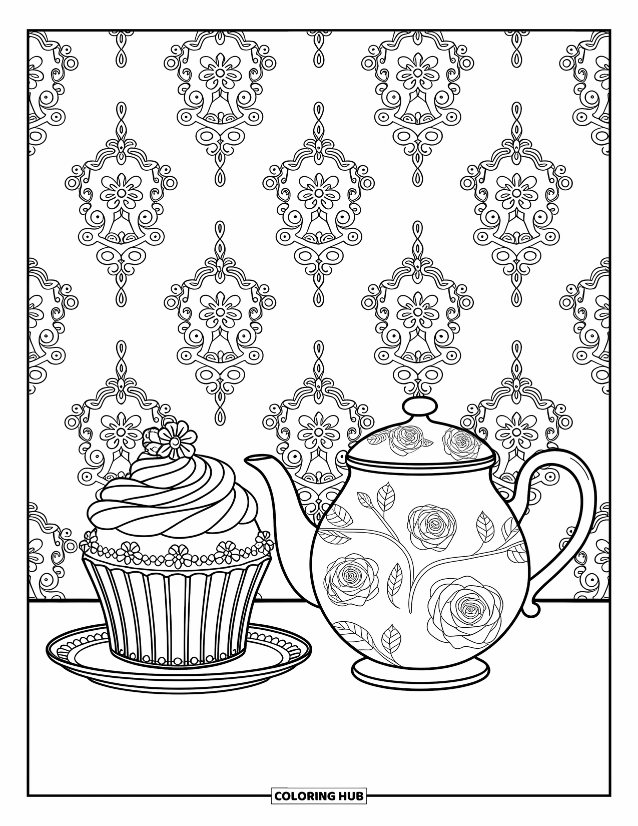 Cupcake Ausmalbild für Erwachsene: Ein Cupcake und eine Teekanne stehen zwischen Spitzengardinen und Blumenmustern in einem viktorianischen Zimmer