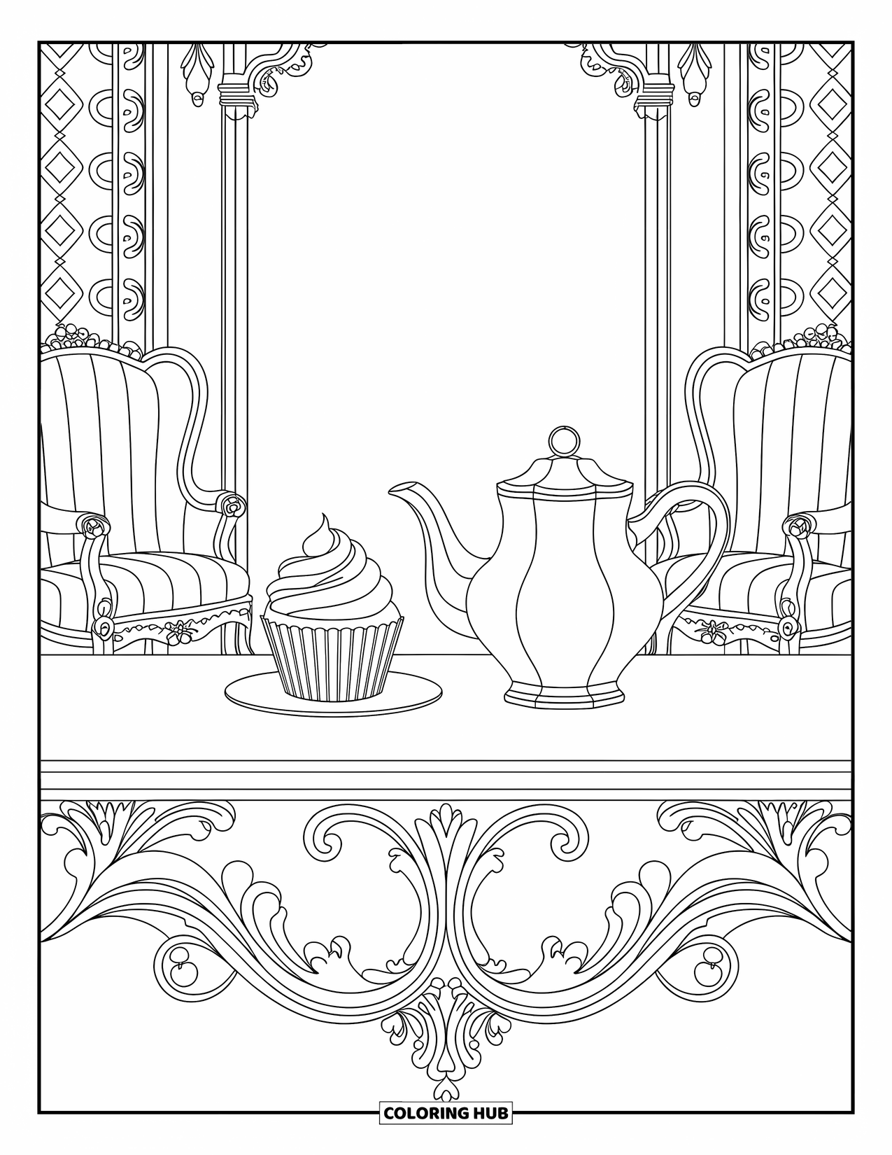Cupcake Ausmalbild für Erwachsene: Ein Cupcake und eine Teekanne stehen in einem viktorianischen Salon mit verzierter Tapete und Details