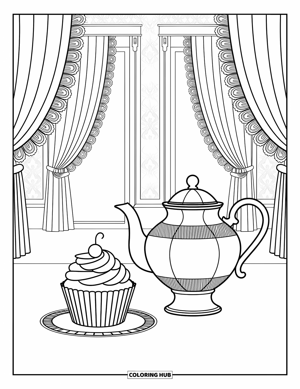 Cupcake Ausmalbild für Erwachsene: Ein Cupcake und eine Teekanne stehen in einem eleganten Salon mit filigranen Mustern und Spitze
