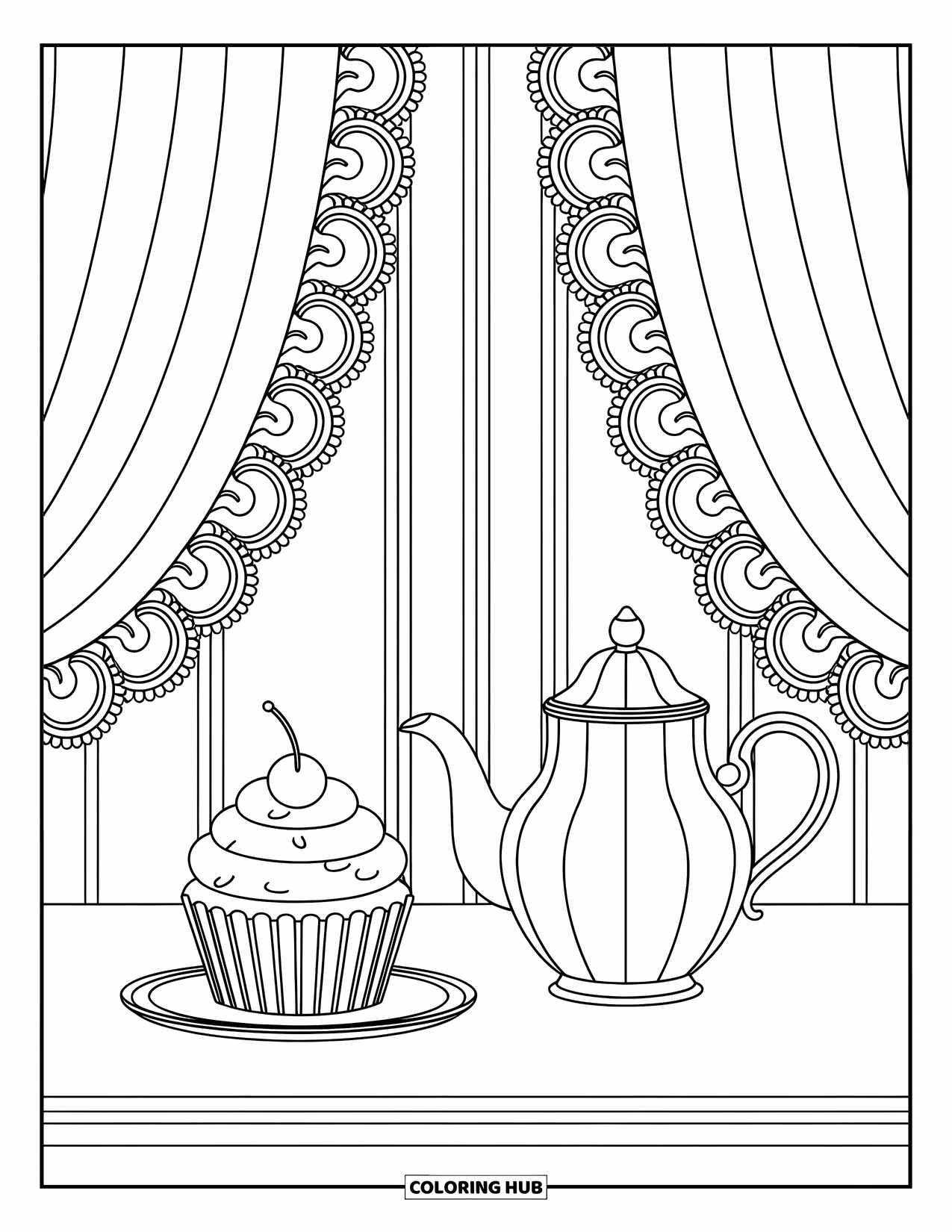 Cupcake Ausmalbild für Erwachsene: Ein Cupcake und eine Teekanne stehen auf einem Tisch mit filigraner Spitze und Blumenmustern