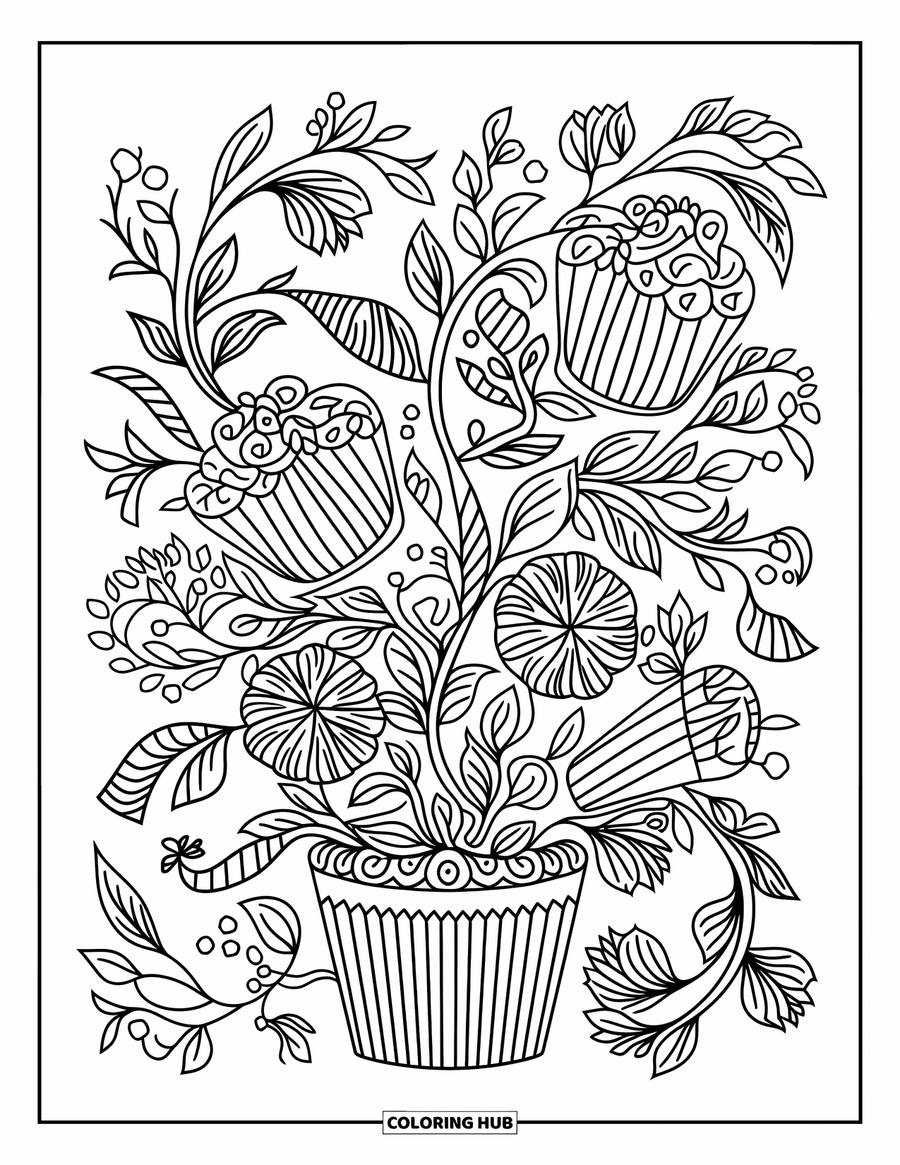 Cupcake Ausmalbild für Erwachsene: Ein Cupcake-Bouquet mit Blumen und Ranken sitzt inmitten wirbelnder Muster