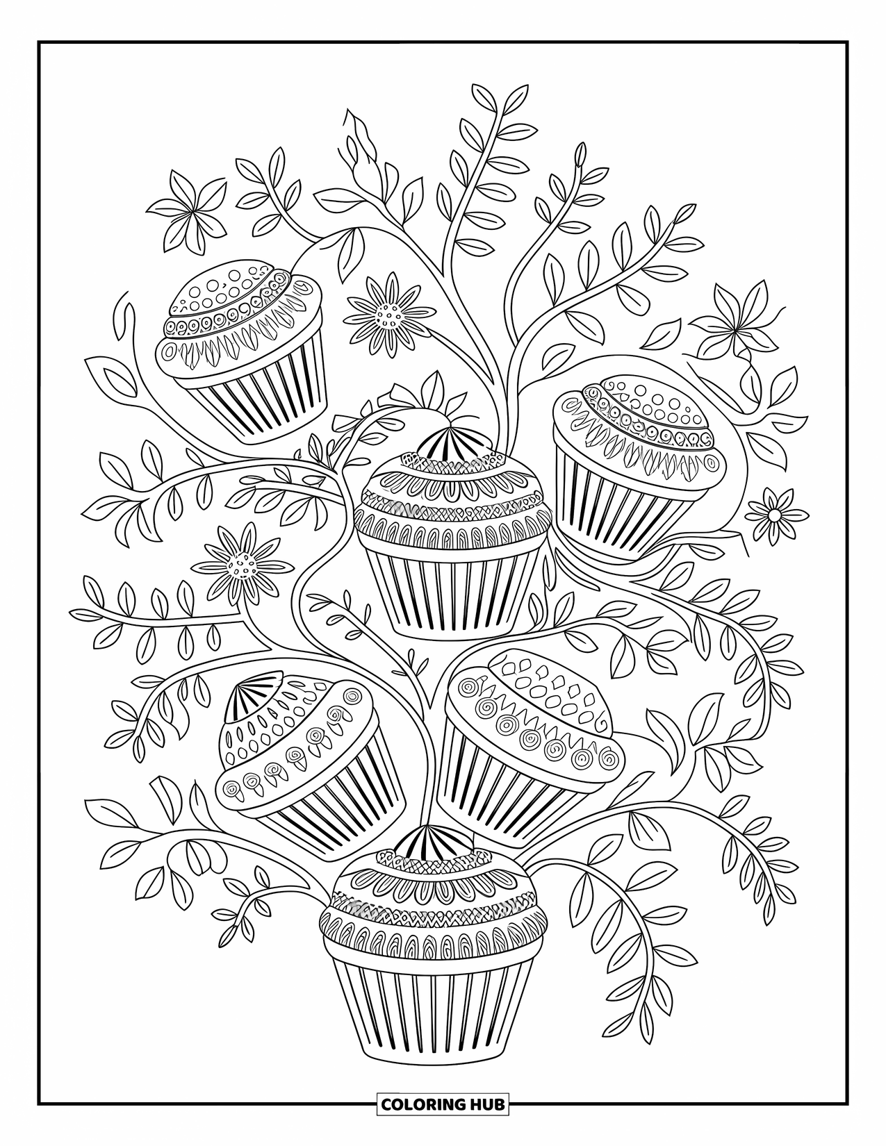 Cupcake Ausmalbild für Erwachsene: Ein Cupcake-Bouquet mit filigranen Blumen und Ranken sitzt vor wirbelnden Motiven