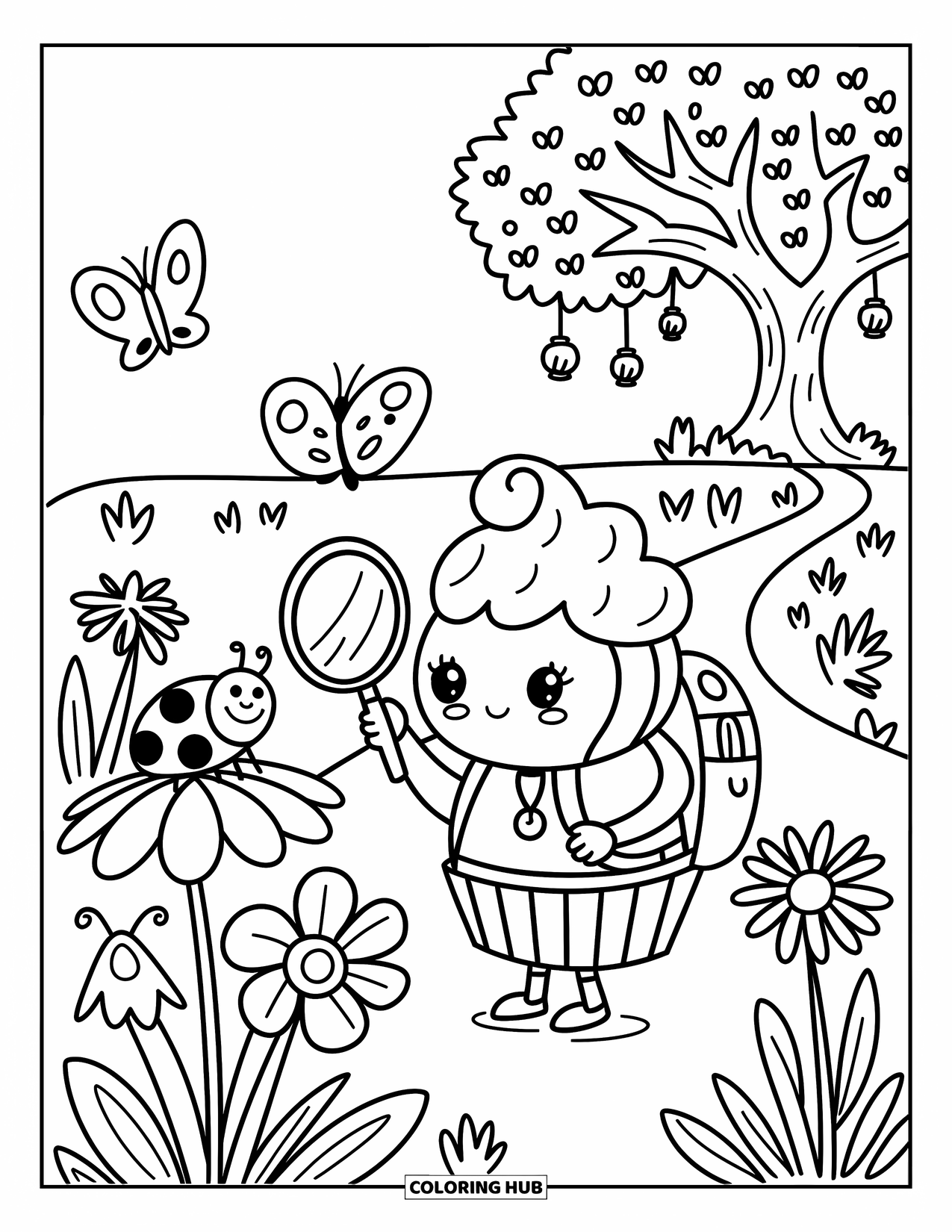 Cupcake Ausmalbild für Erwachsene: Ein Cupcake-Forscher inspiziert einen Marienkäfer mit einem Vergrößerungsglas in der Nähe von Blumen und Laternen