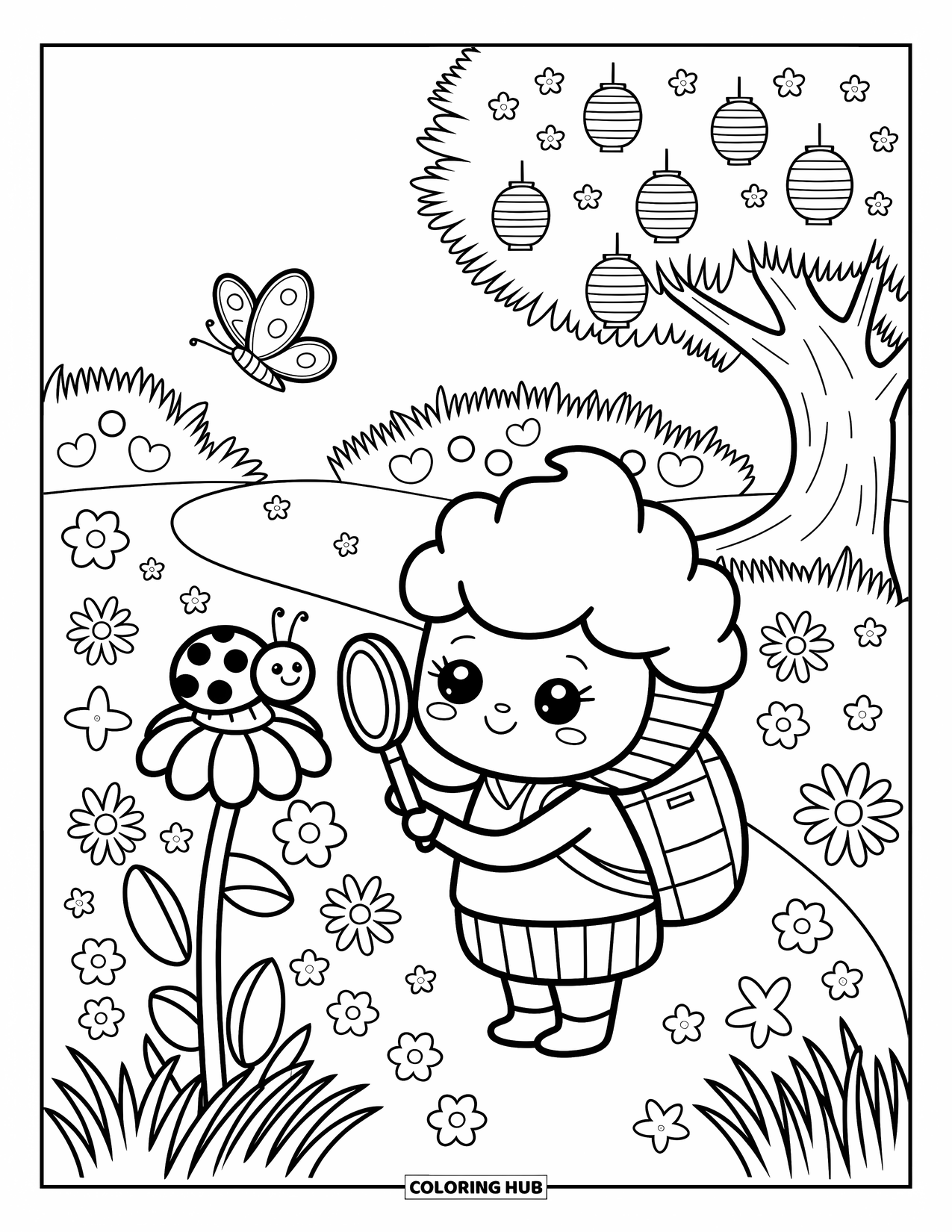 Cupcake Ausmalbild für Erwachsene: Ein Cupcake-Forscher beobachtet einen Marienkäfer mit einem Vergrößerungsglas bei Blumen und Laternen