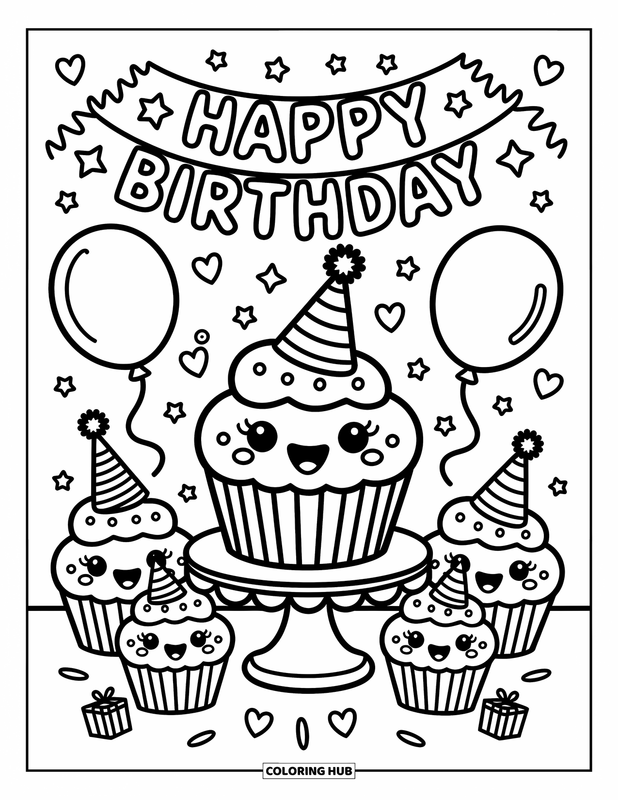 Cupcake Ausmalbild für Erwachsene: Ein Cupcake mit Partyhut hält einen Zuckerstange mit Luftballons, Geschenken und einem Geburtstagsbanner