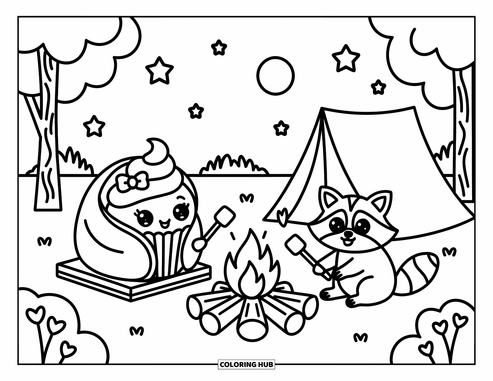 Cupcake Ausmalbild für Erwachsene: Ein Cupcake in einem Schlafsack röstet Marshmallows an einem Lagerfeuer mit einem Waschbären