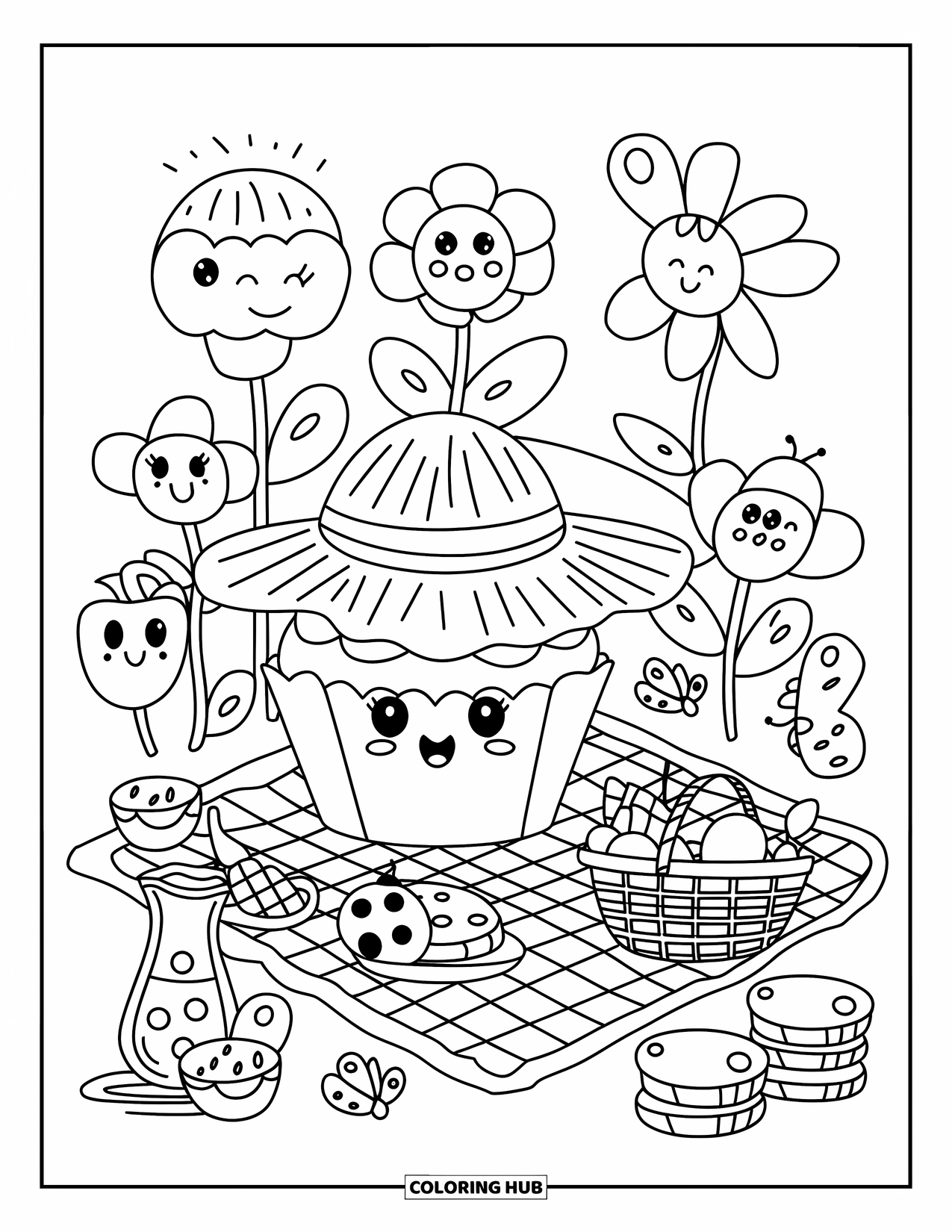 Cupcake Ausmalbild für Erwachsene: Ein Cupcake mit Strohhut genießt ein Frühlingspicknick mit Blumen, einem Obstkorb und Keksen