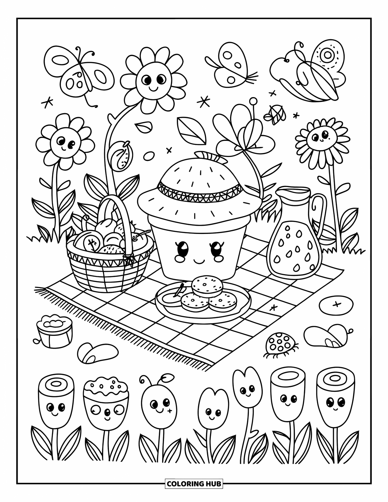 Cupcake Ausmalbild für Erwachsene: Ein Cupcake mit Strohhut genießt ein sonniges Picknick, umgeben von Blumen, Keksen und Limonade