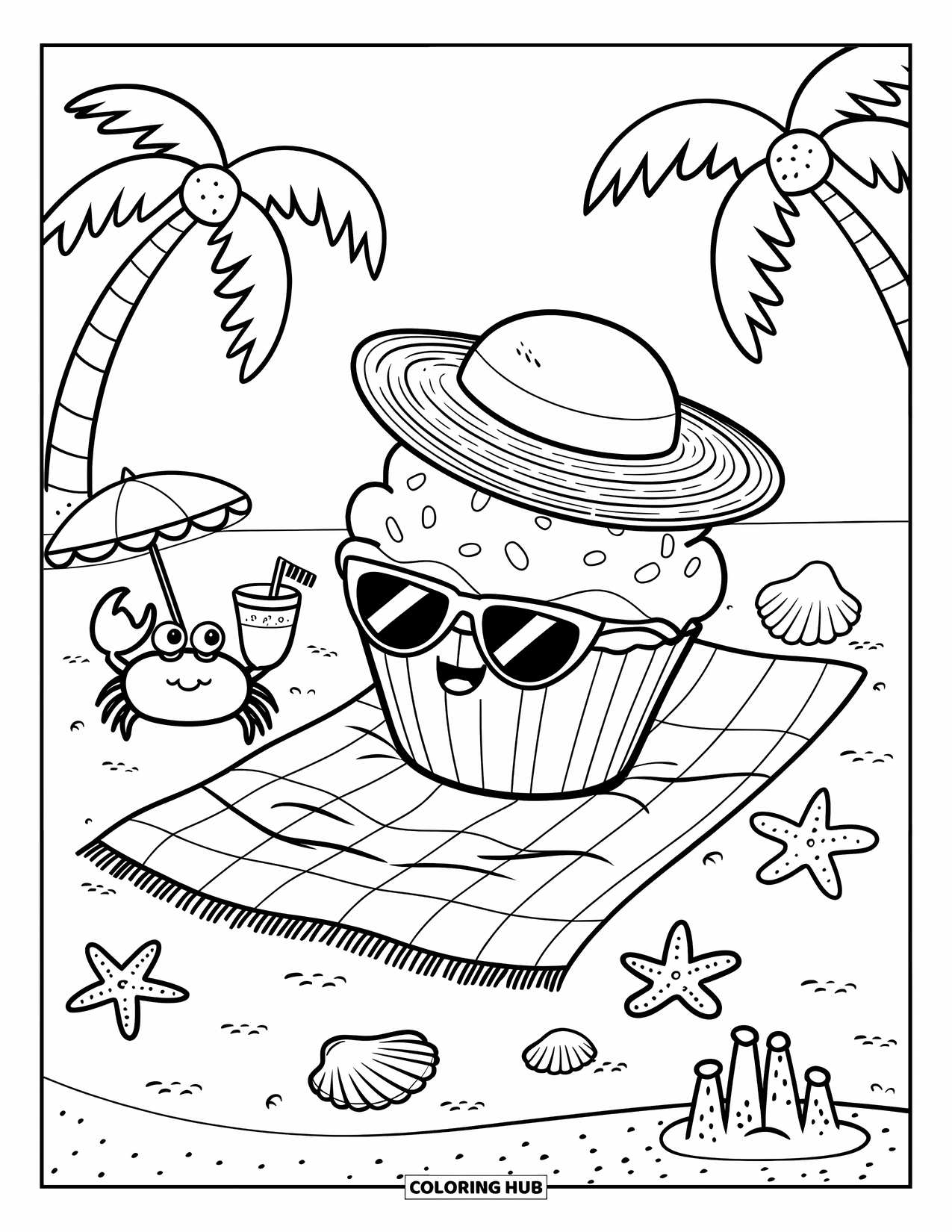 Cupcake Ausmalbild für Erwachsene: Ein Cupcake mit Sonnenbrille liegt auf einem Strandtuch, während eine freundliche Krabbe ein Getränk anbietet