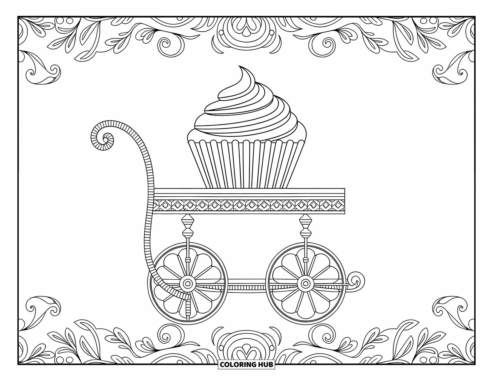 Cupcake Ausmalbild für Erwachsene: Ein Cupcake auf einem schicken Wagen ist von filigranen Blumenmustern und wirbelnden Designs umrahmt