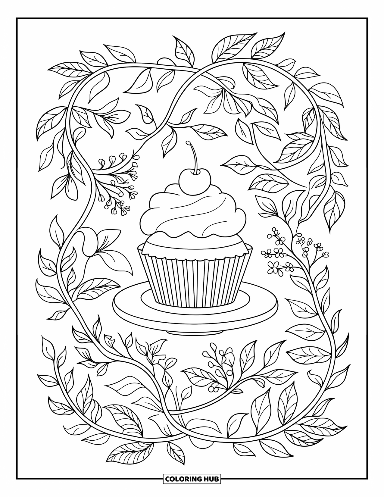 Cupcake Ausmalbild für Erwachsene: Ein Cupcake sitzt zwischen Blättern, Blumen und Ranken auf einem Teller