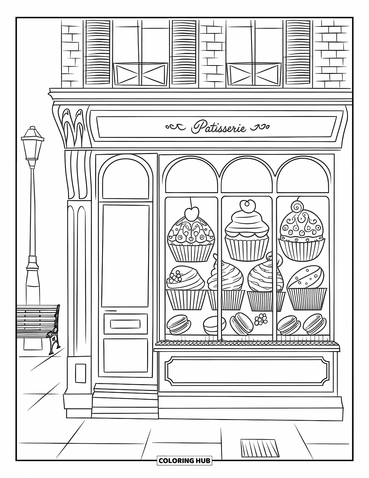 Cupcake Ausmalbild für Erwachsene: Ein Cupcake sitzt zwischen Gebäck in einem Konditoreifenster mit einer Backsteinfassade