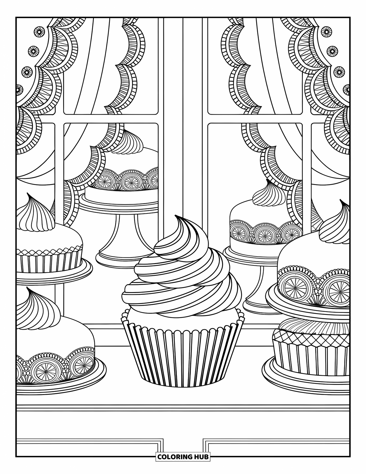 Cupcake Ausmalbild für Erwachsene: Ein Cupcake sitzt in einem Konditoreifenster mit zarten Vorhängen und detailliertem Dekor