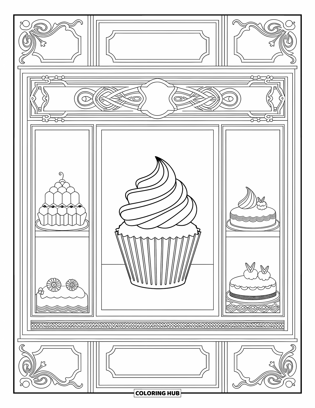 Cupcake Ausmalbild für Erwachsene: Ein Cupcake sitzt in einem Konditoreifenster mit detaillierten Backwaren und eleganten Mustern