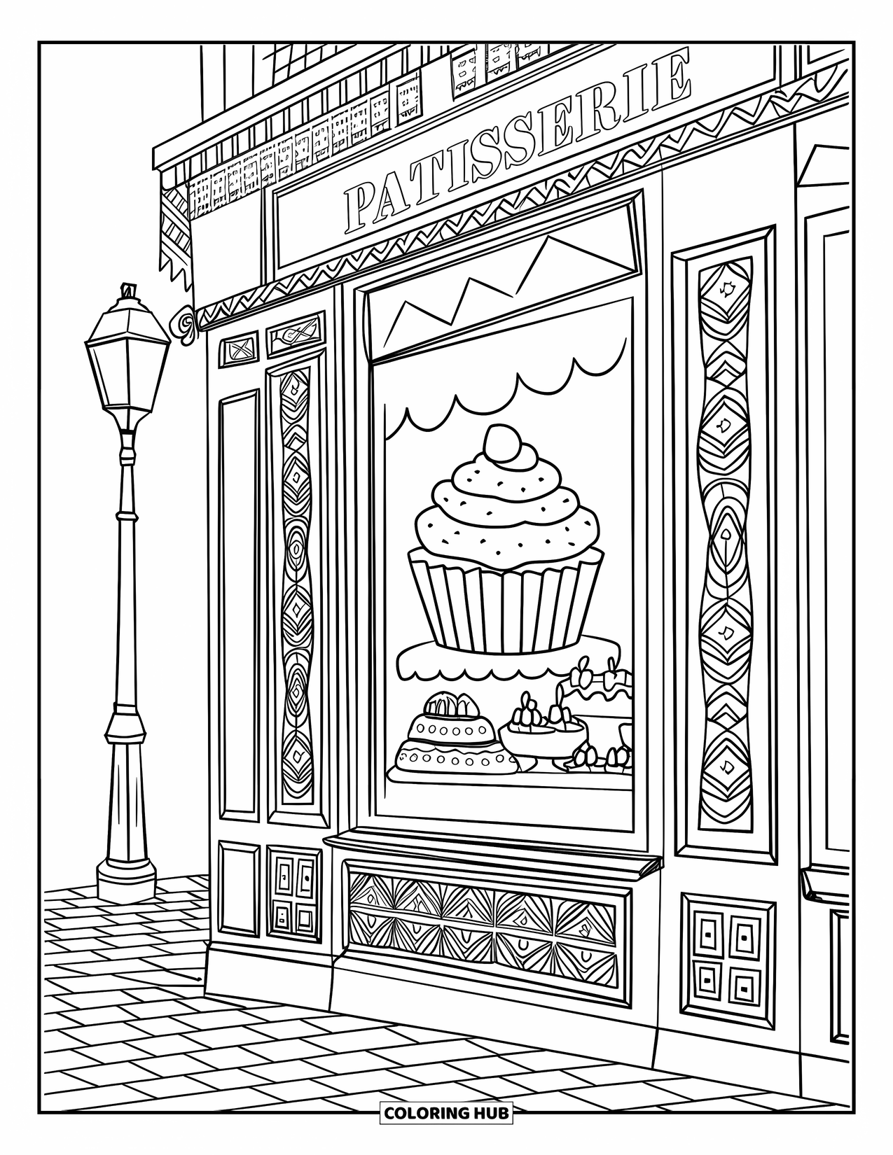 Cupcake Ausmalbild für Erwachsene: Ein Cupcake sitzt in einem Konditoreifenster mit Gebäck und einer Kopfsteinpflasterstraße