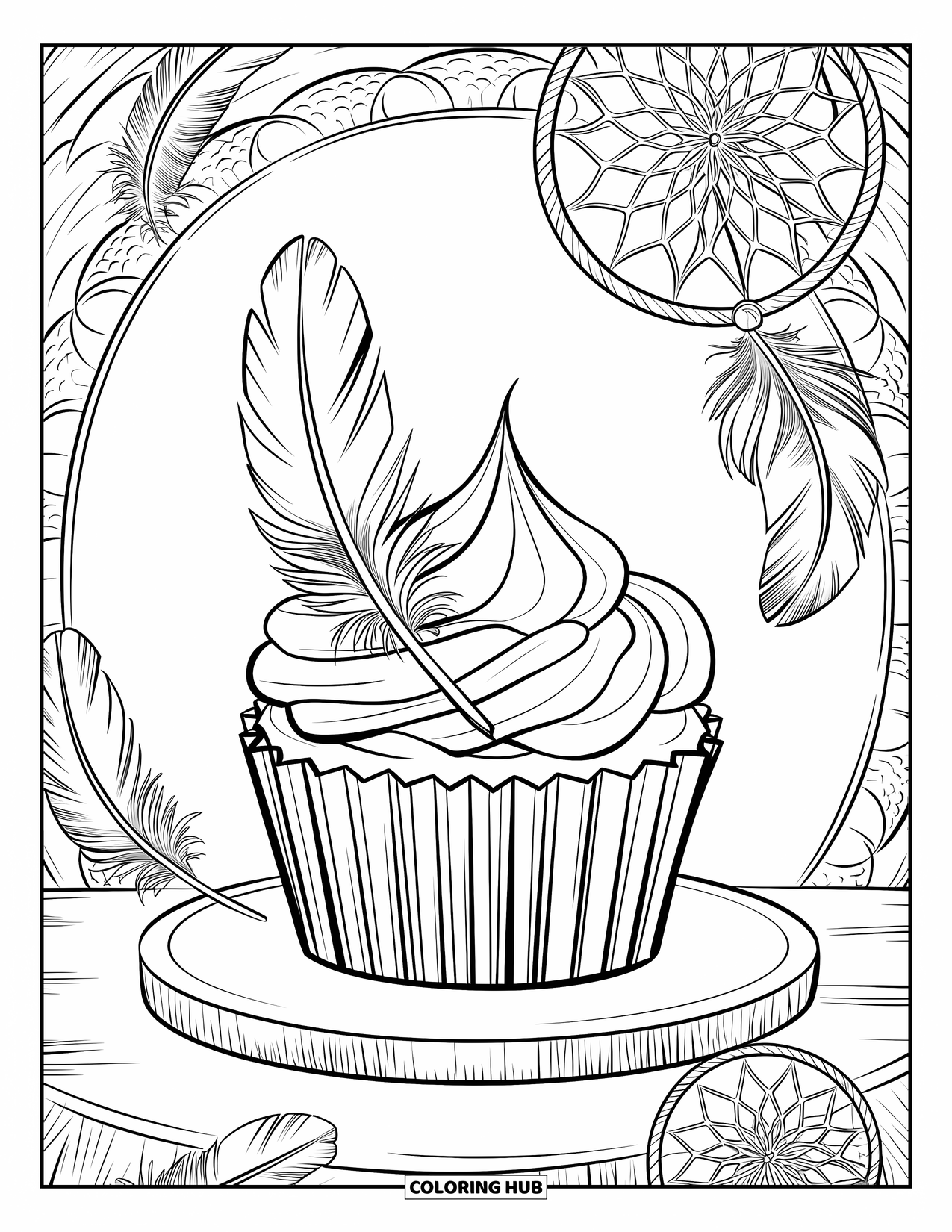 Cupcake Ausmalbild für Erwachsene: Ein Cupcake sitzt auf einem Brett mit Federn und Traumfänger-Details um ihn herum