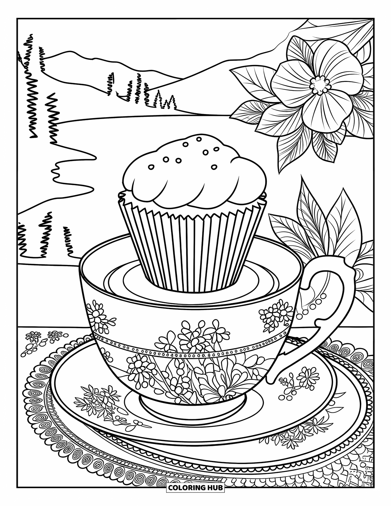 Cupcake Ausmalbild für Erwachsene: Ein Cupcake sitzt auf einem Teeservice mit Spitze und Blumendetails an einem ruhigen Ort