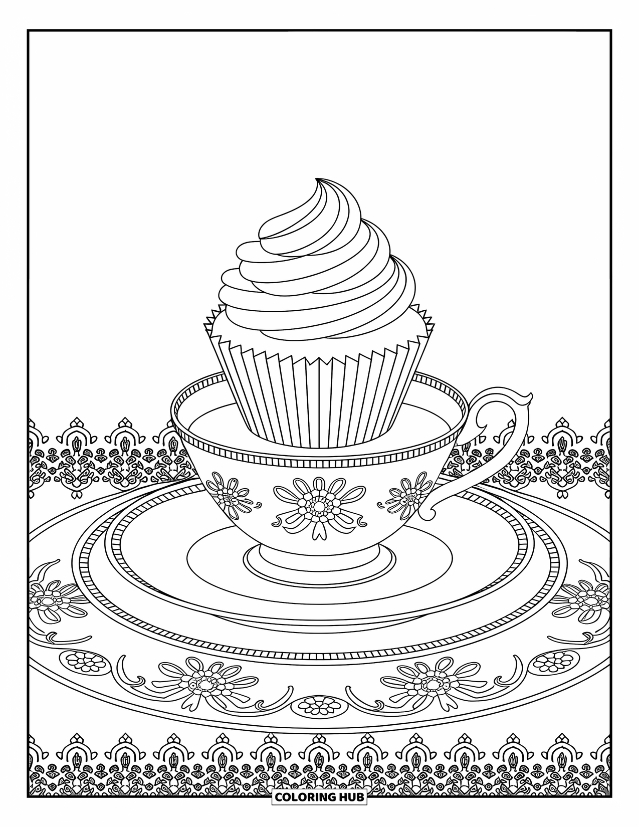 Cupcake Ausmalbild für Erwachsene: Ein Cupcake sitzt auf einem Teeservice mit verzierten Mustern und floralen Bordüren
