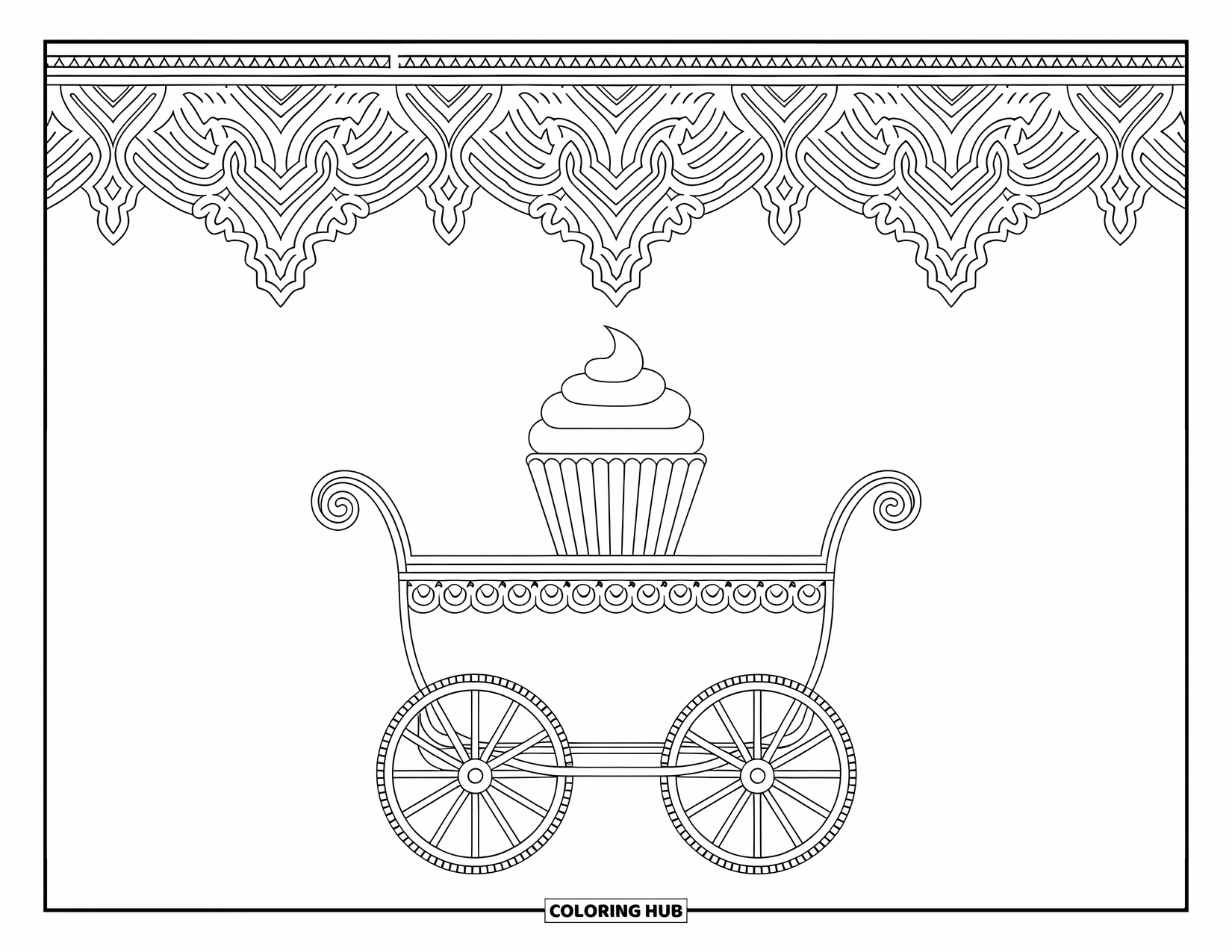 Cupcake Ausmalbild für Erwachsene: Ein Cupcake sitzt auf einem verzierten Wagen, umgeben von eleganten Mustern und einer detaillierten Bordüre