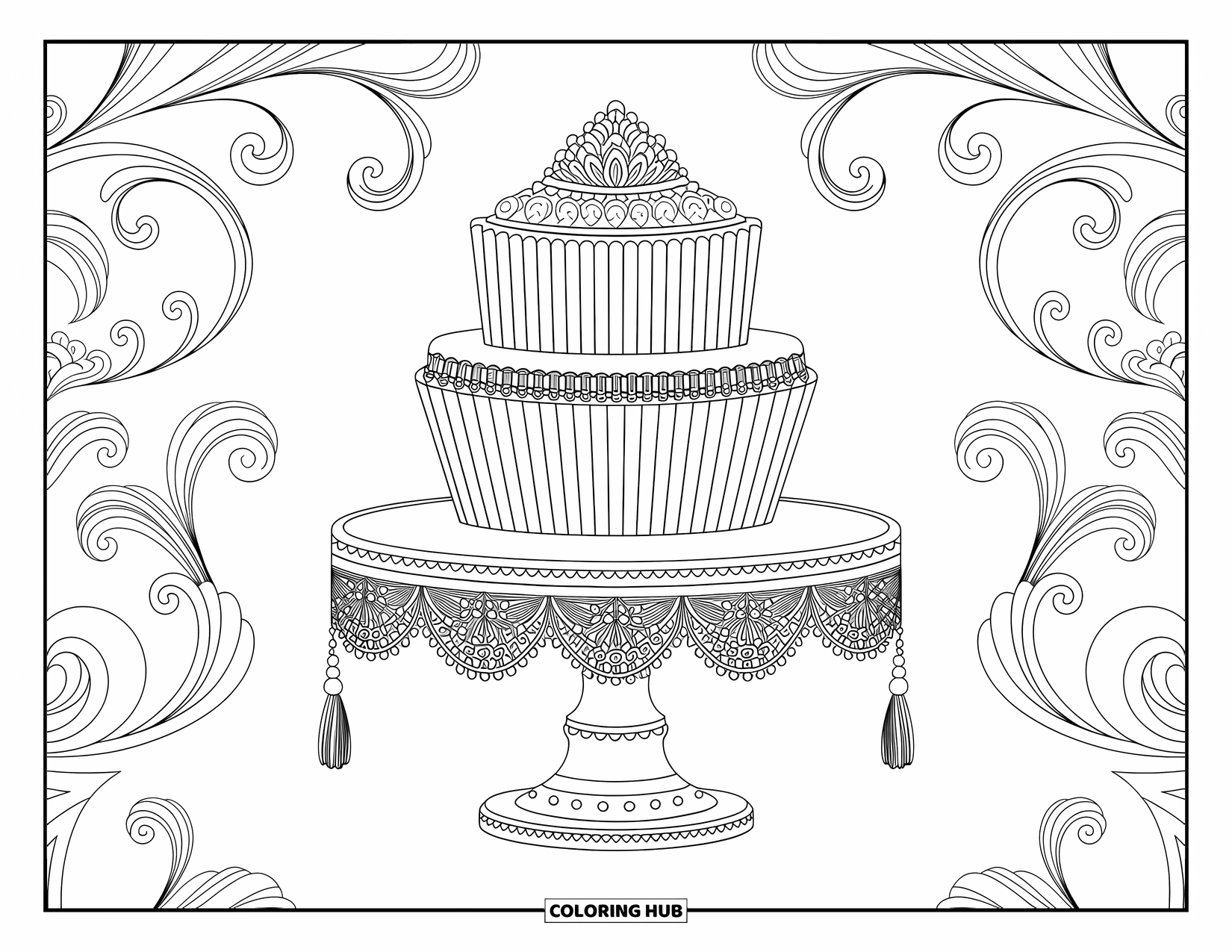 Cupcake Ausmalbild für Erwachsene: Ein Cupcake-Ständer mit barocken Details ist von wirbelnden, filigranen Mustern umrahmt