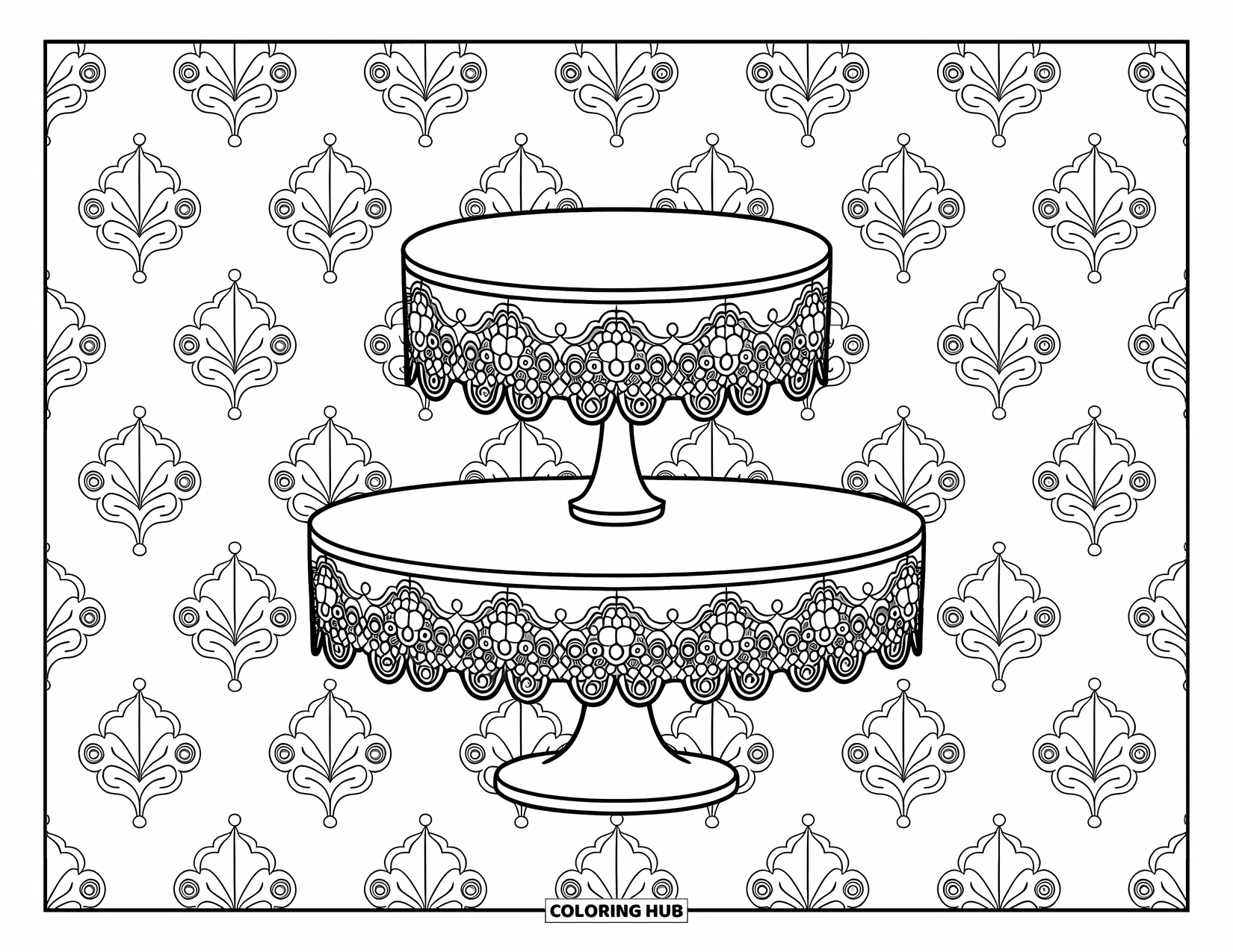 Cupcake Ausmalbild für Erwachsene: Ein Cupcake-Ständer mit Spitze und verzierten Designs sitzt zwischen wirbelnden Motiven