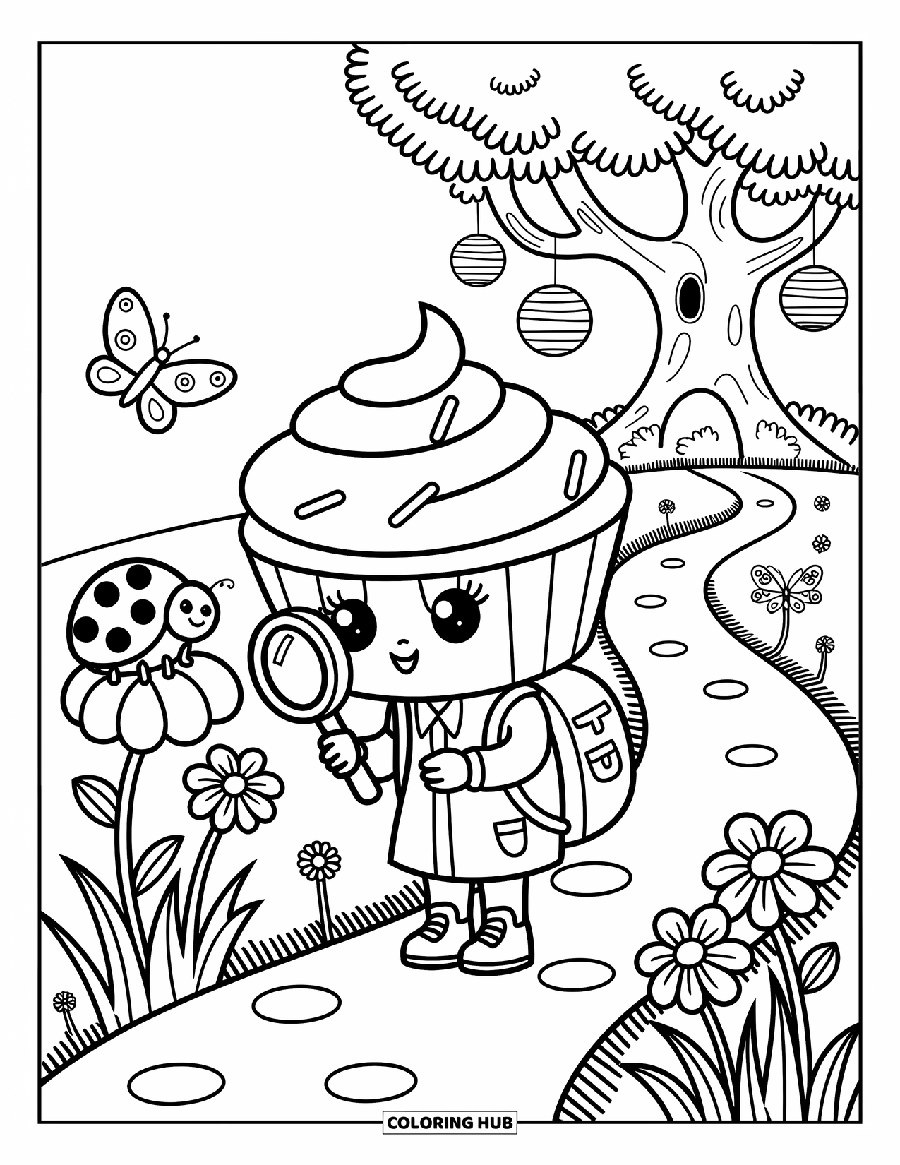 Cupcake Ausmalbild für Erwachsene: Ein Cupcake mit einem Rucksack untersucht einen Marienkäfer in der Nähe von Blumen und laternenbeleuchteten Bäumen