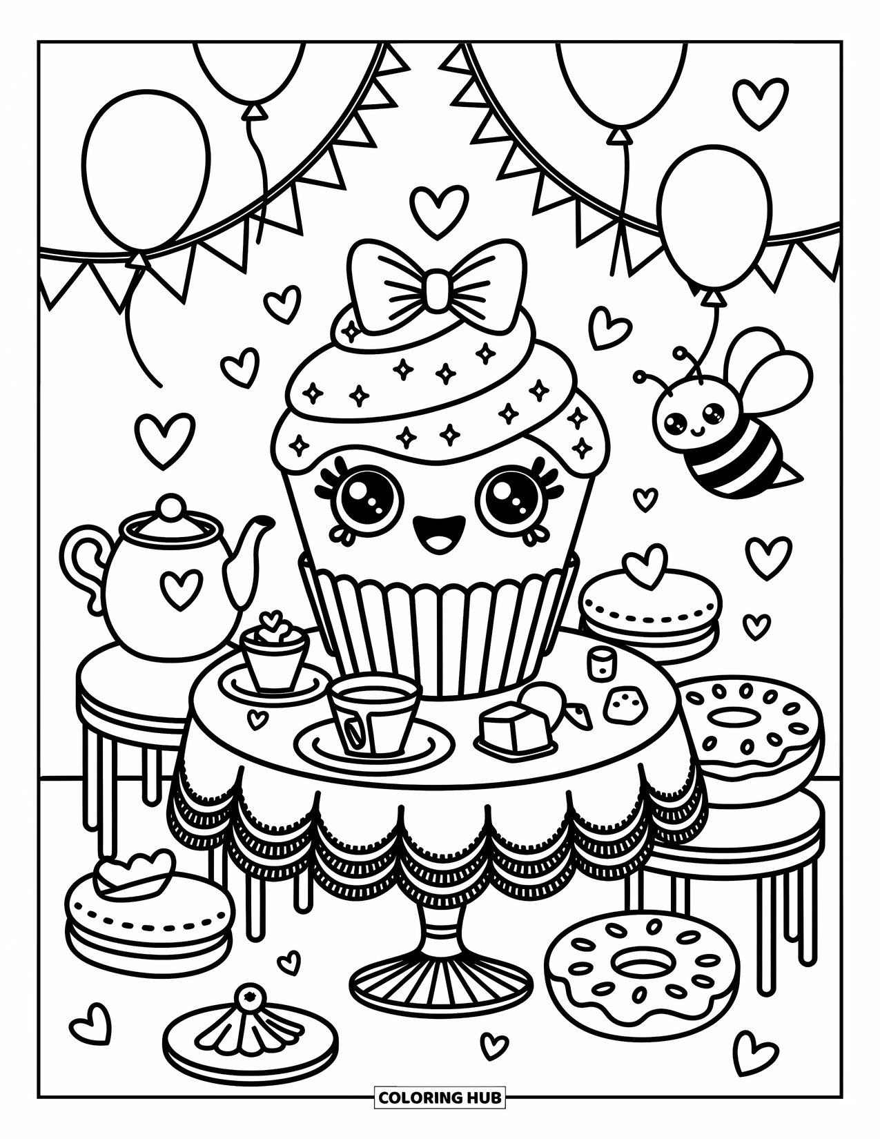 Cupcake Ausmalbild für Erwachsene: Ein Cupcake mit einer Schleife genießt Tee mit Desserts, einer Teekanne und einer freundlichen Biene