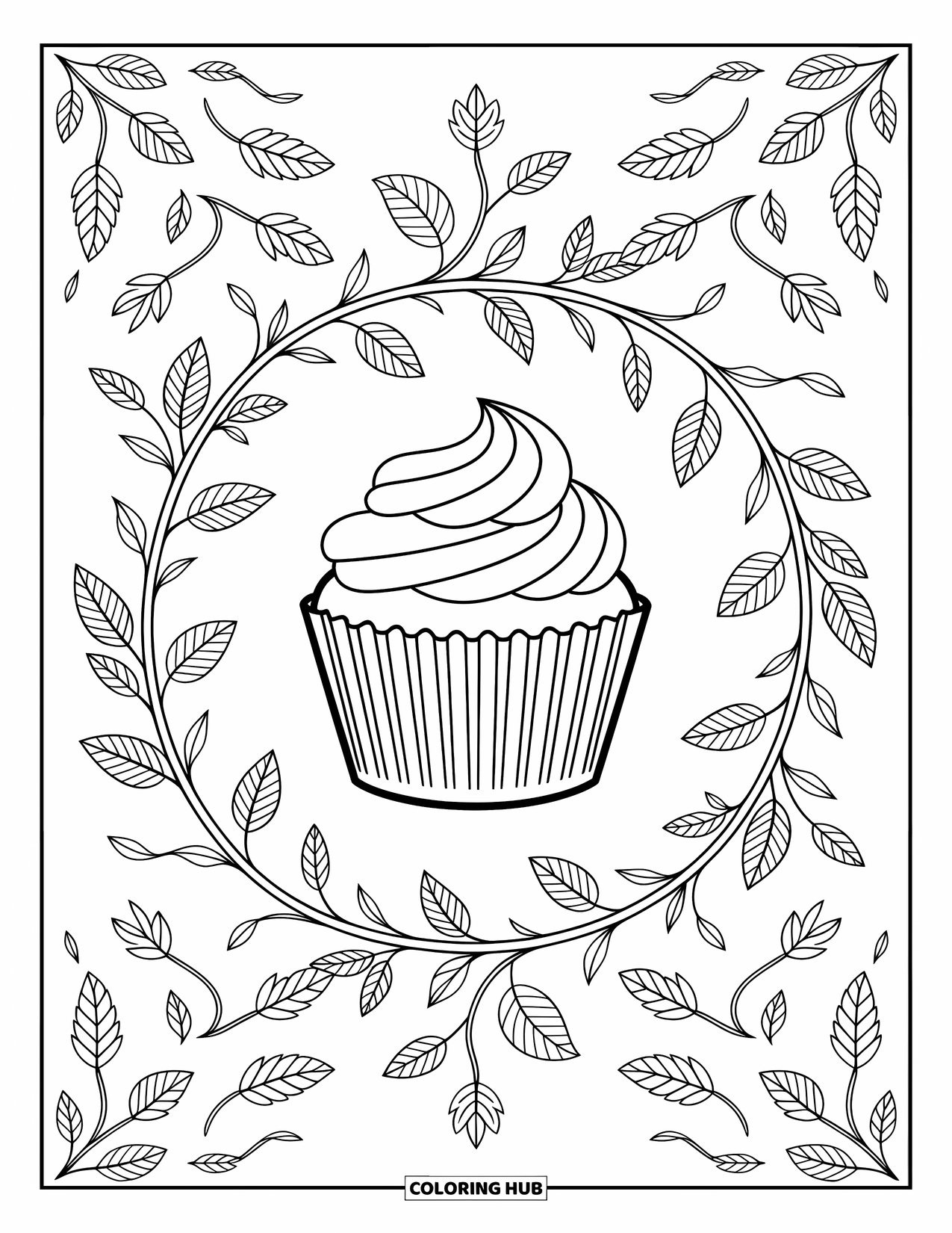 Cupcake Ausmalbild für Erwachsene: Ein Cupcake mit einer Kerze sitzt inmitten von Blättern, Blumen und filigranen Ranken