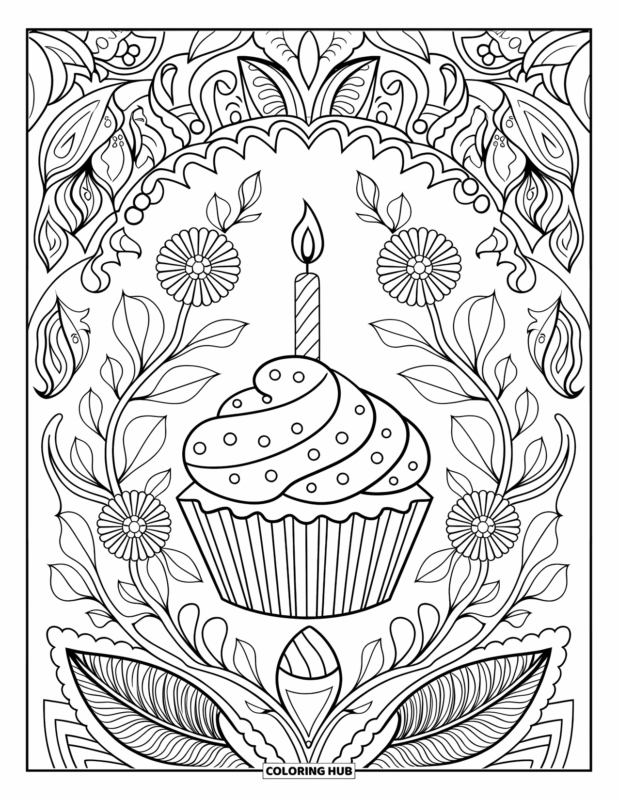 Cupcake Ausmalbild für Erwachsene: Ein Cupcake mit einer Kerze sitzt zwischen Blättern, Blumen und Ranken