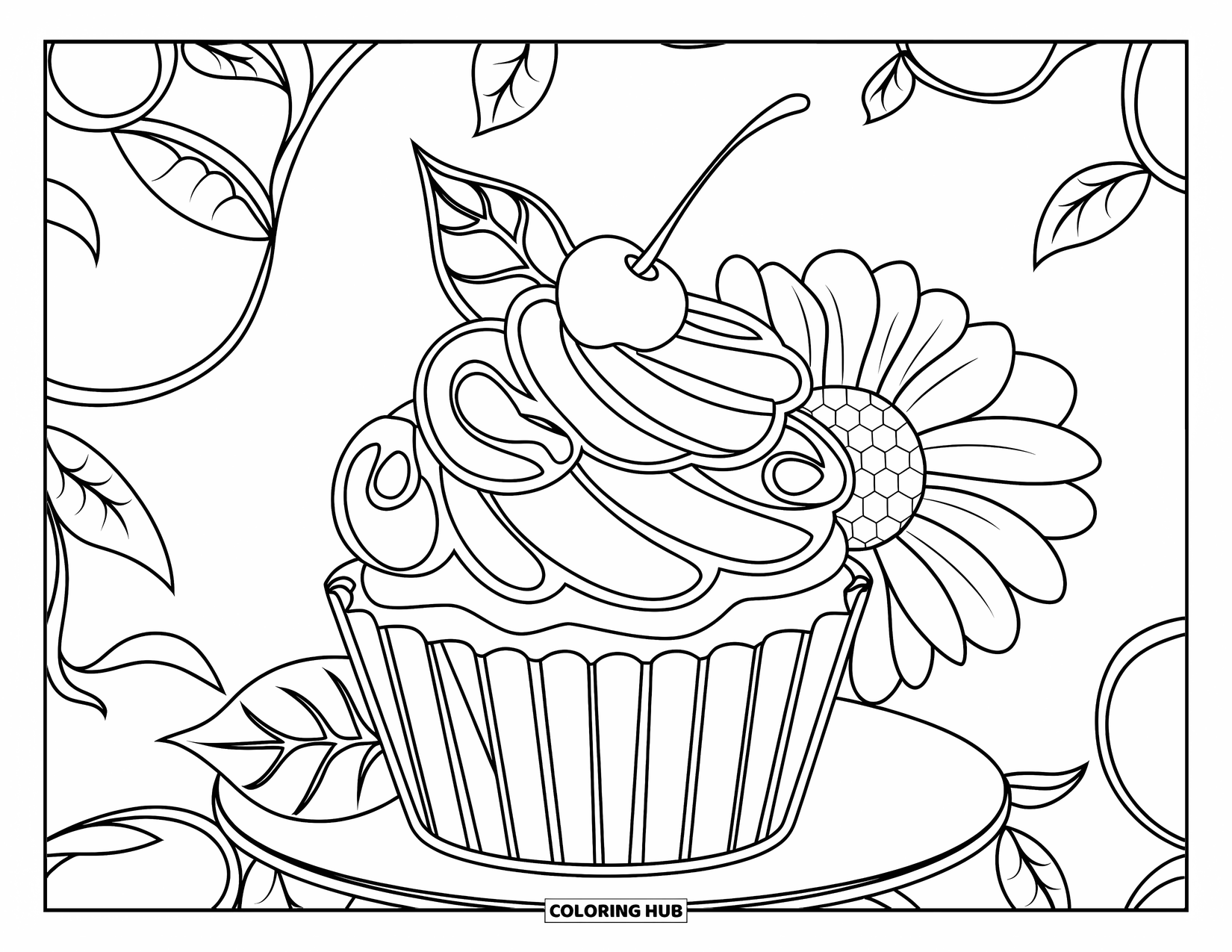 Cupcake Ausmalbild für Erwachsene: Ein Cupcake mit einer Kirsche sitzt neben Blättern und Blumen auf einem rankenreichen Hintergrund