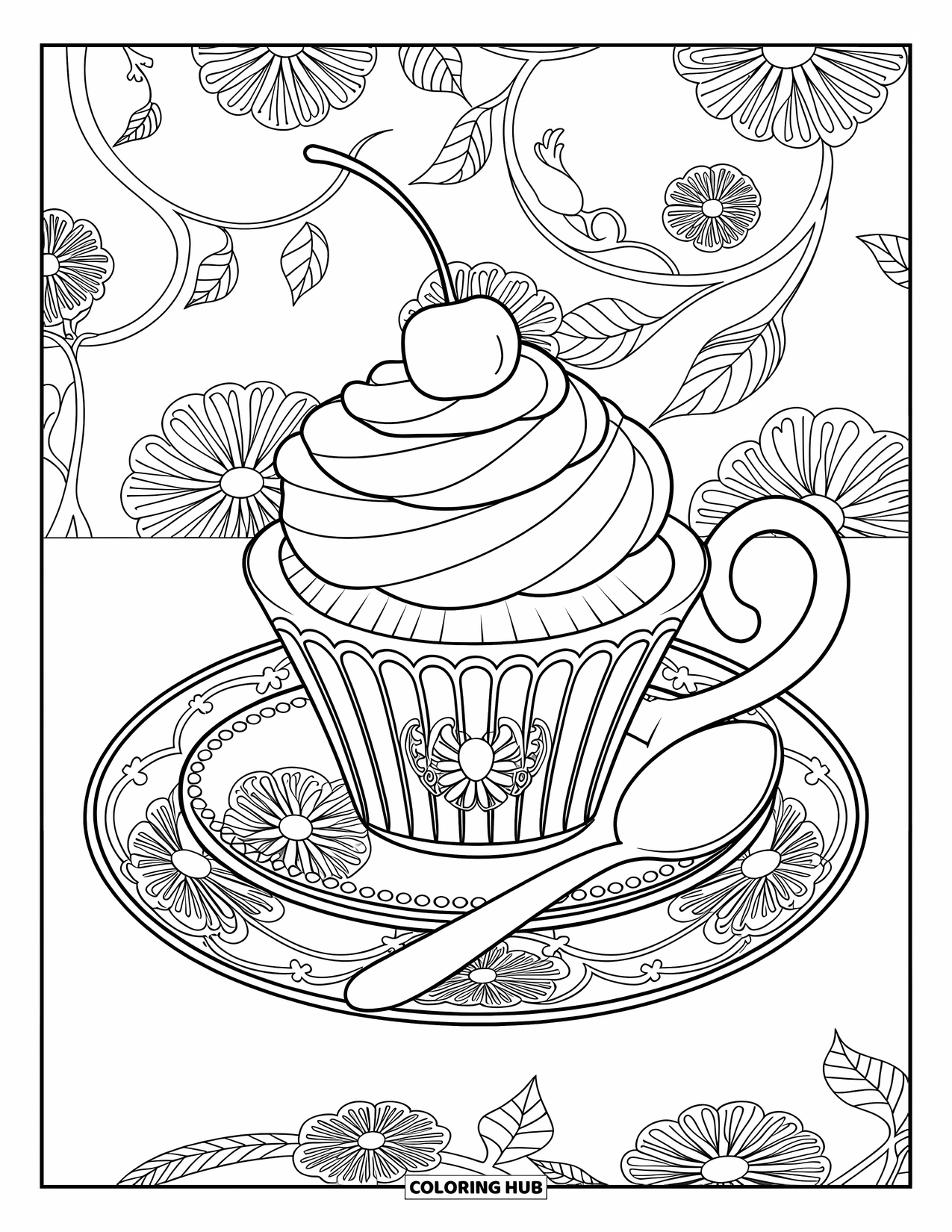 Cupcake Ausmalbild für Erwachsene: Ein Cupcake mit einer Kirsche sitzt auf einem Teeservice, umgeben von Blumen und Ranken