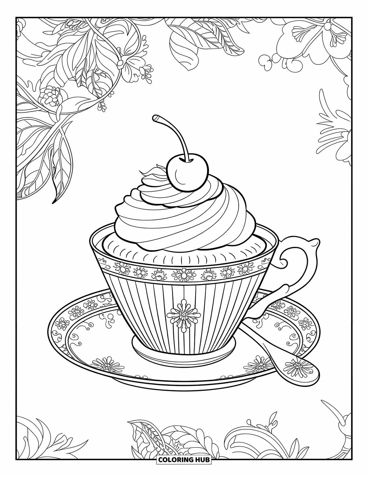 Cupcake Ausmalbild für Erwachsene: Ein Cupcake mit einer Kirsche sitzt auf einem Teeservice mit Blumenmustern